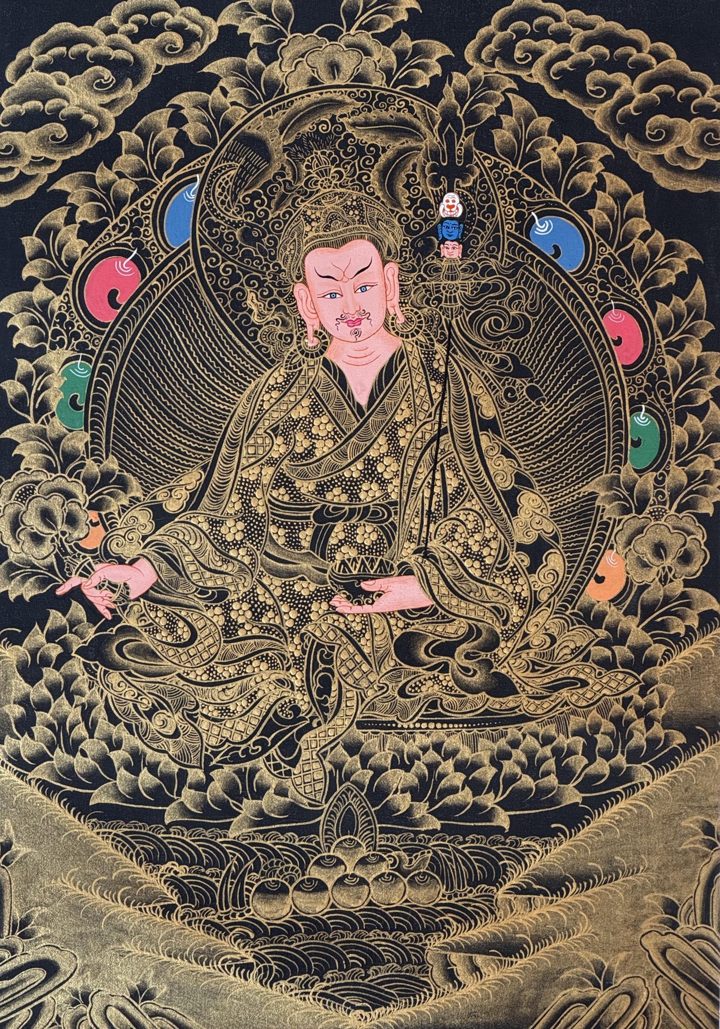Hand-Painted Guru Rinpoche Thangka with Silk Brocade - Black and Gold Padmasambhava Tibetan Master Art