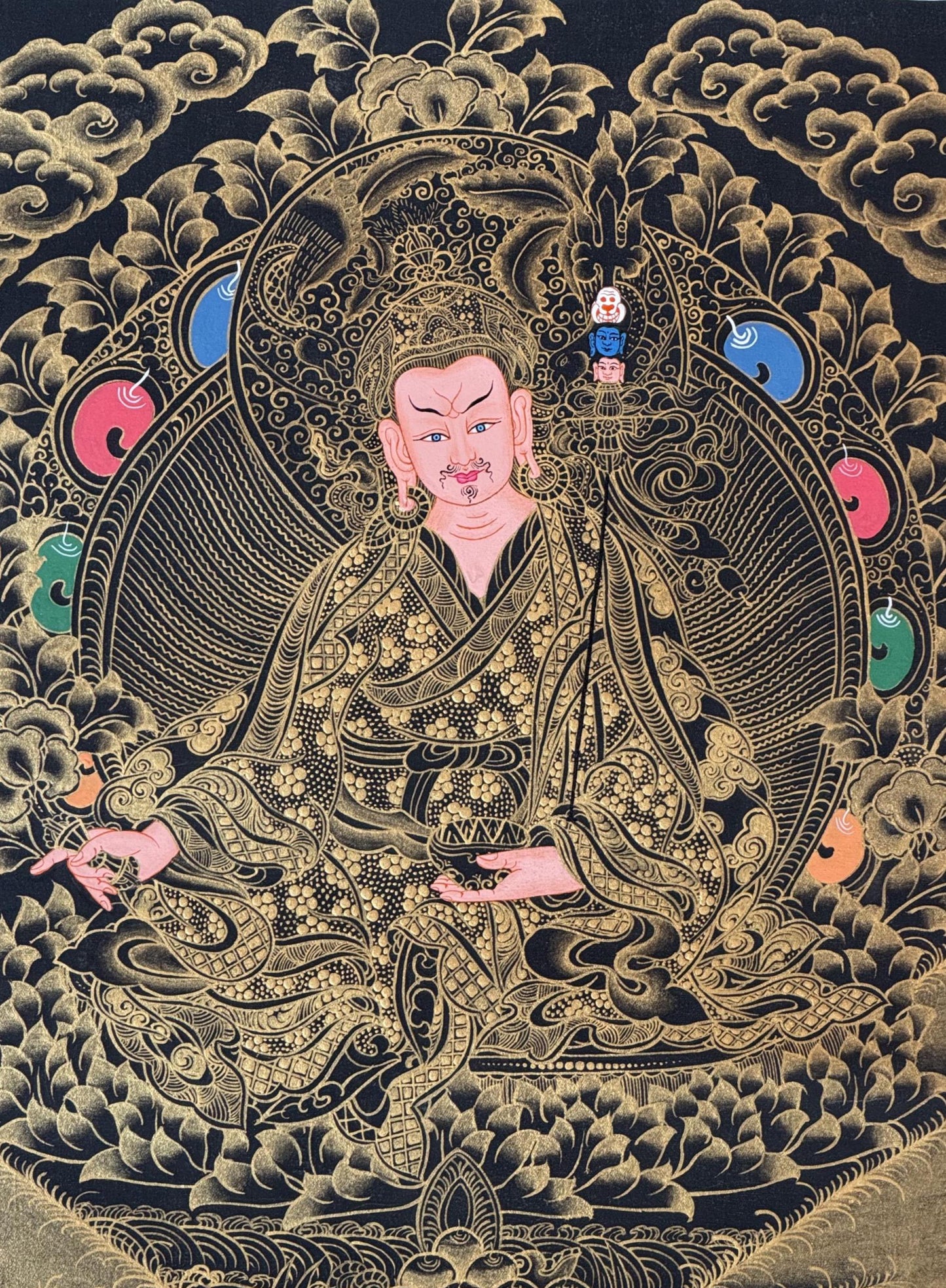 Hand-Painted Guru Rinpoche Thangka with Silk Brocade - Black and Gold Padmasambhava Tibetan Master Art
