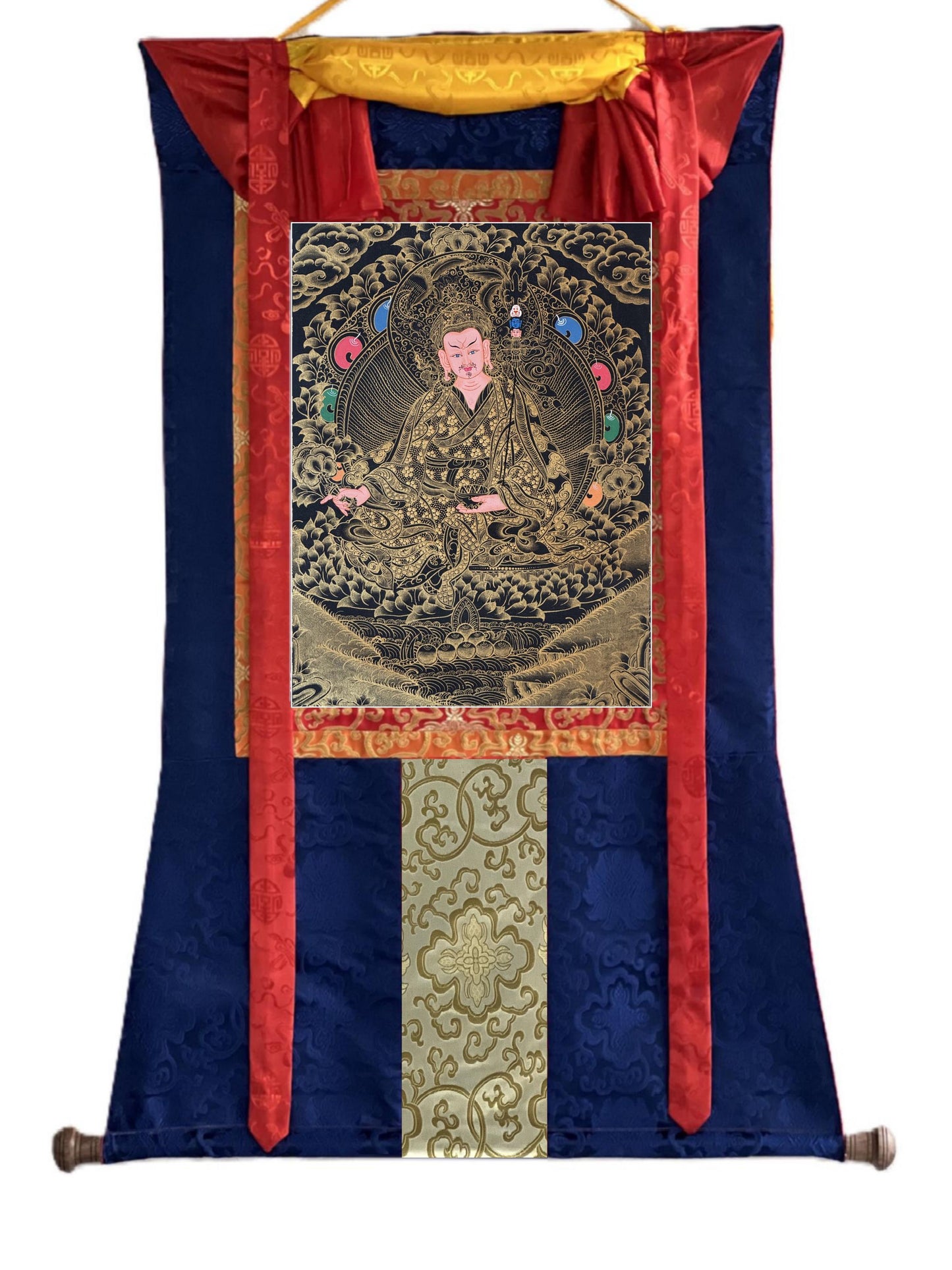 Hand-Painted Guru Rinpoche Thangka with Silk Brocade - Black and Gold Padmasambhava Tibetan Master Art