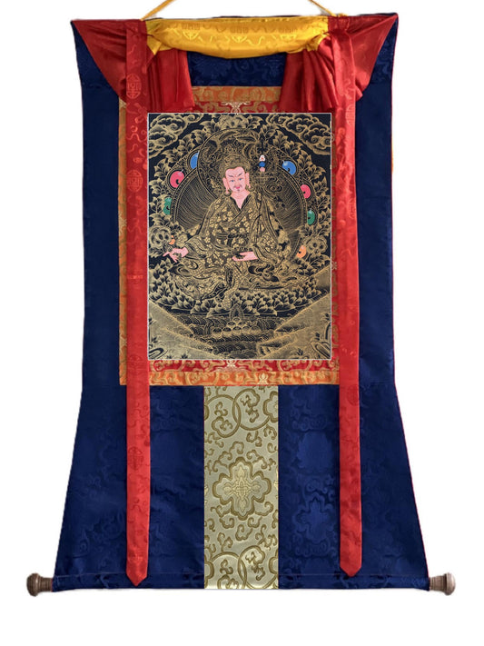 Hand-Painted Guru Rinpoche Thangka with Silk Brocade - Black and Gold Padmasambhava Tibetan Master Art
