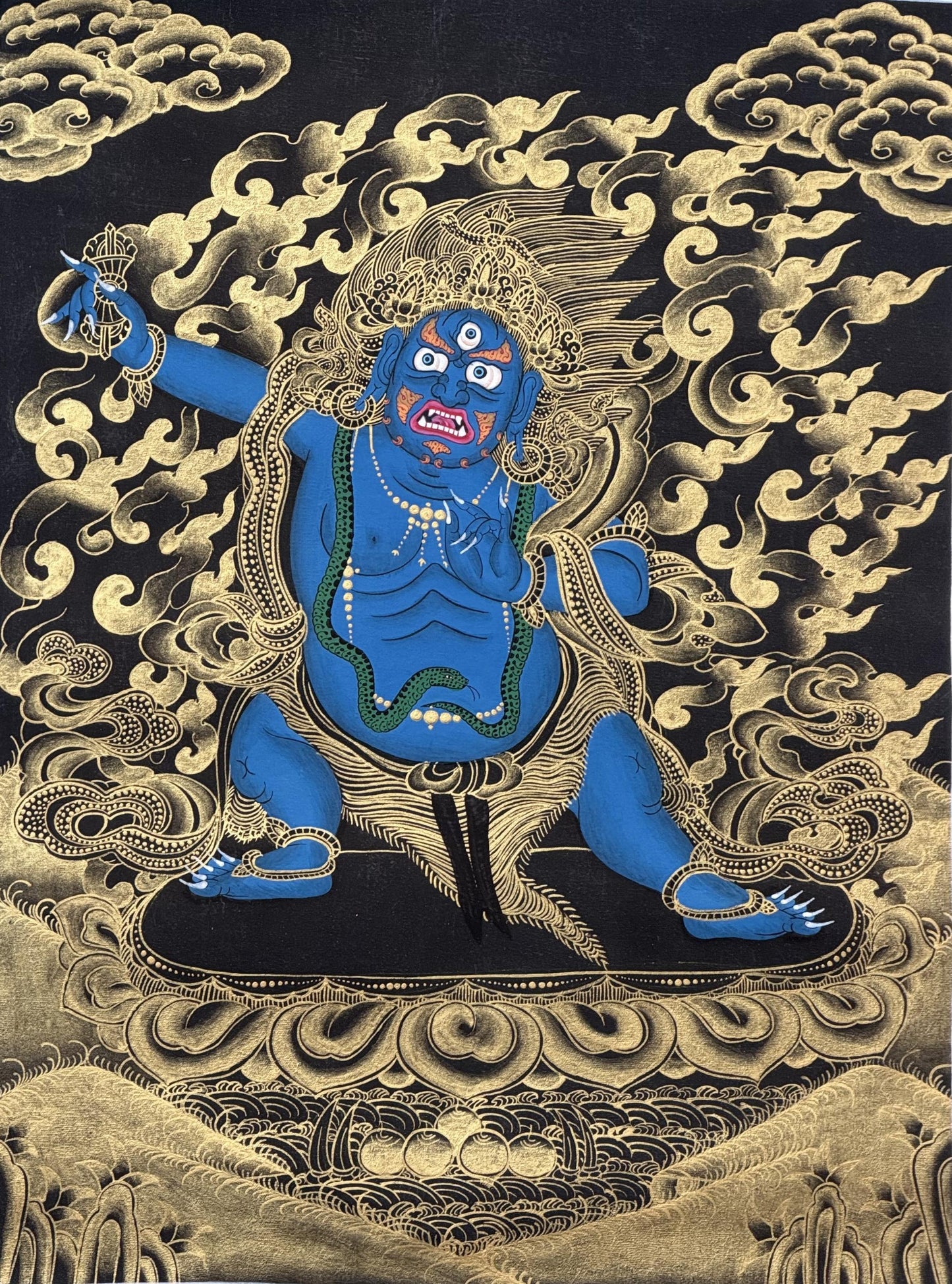 Hand-Painted Black and Gold Vajrapani Thangka with Silk Brocade - Wrathful Tibetan Protector Bodhisattva Art