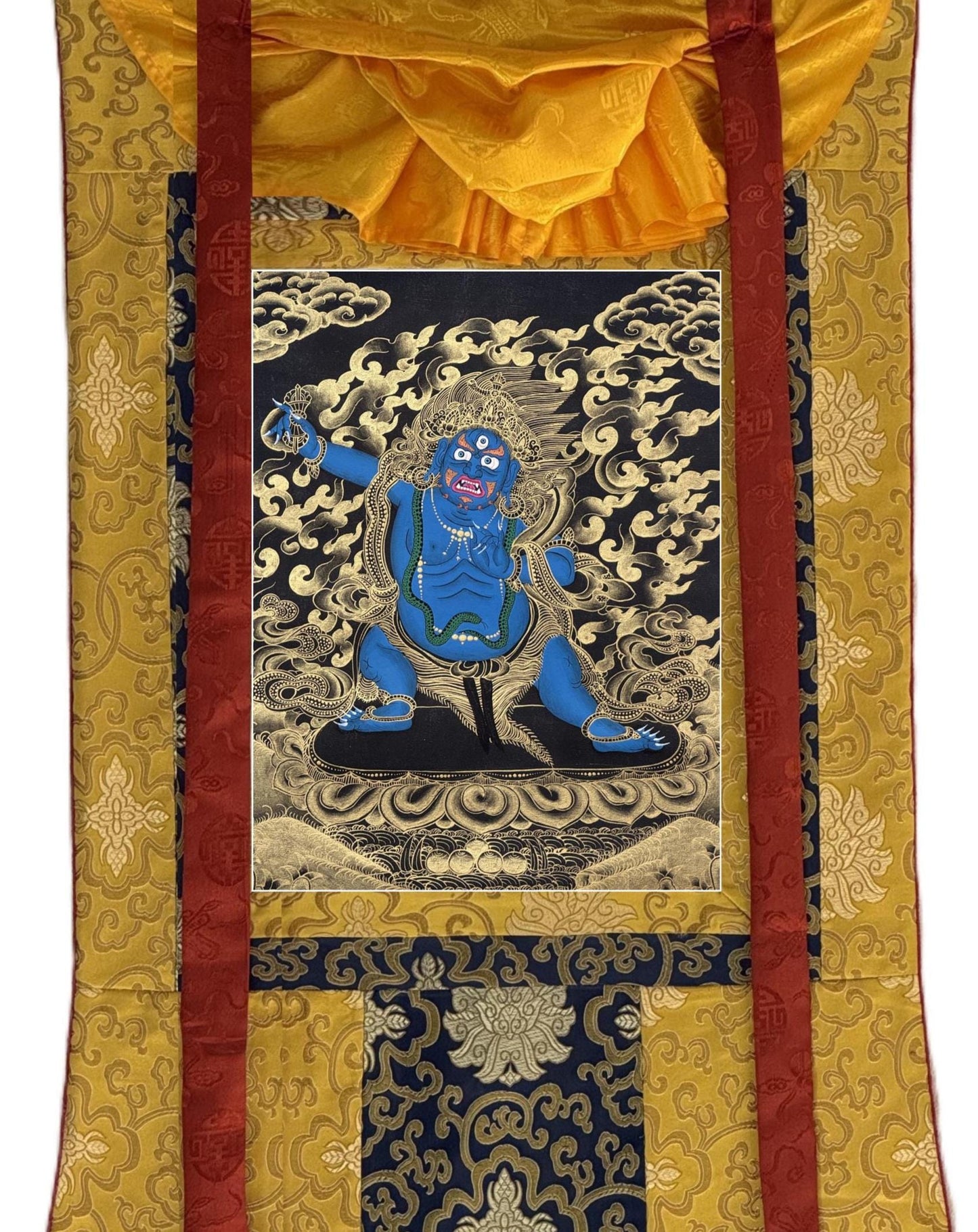 Hand-Painted Black and Gold Vajrapani Thangka with Silk Brocade - Wrathful Tibetan Protector Bodhisattva Art
