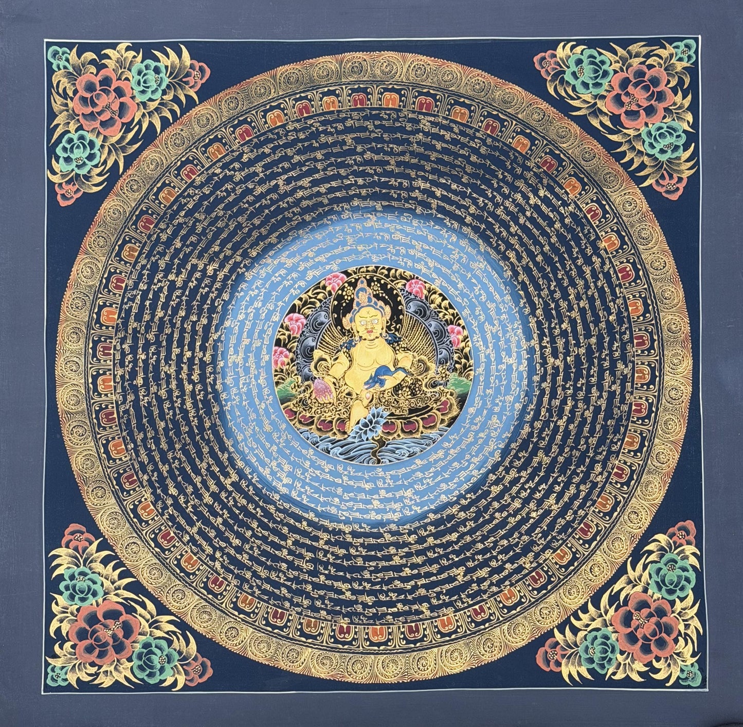 Hand-Painted Jambhala Mantra Mandala Thangka | Tibetan Wealth Deity Art | Abundance Wall Decor