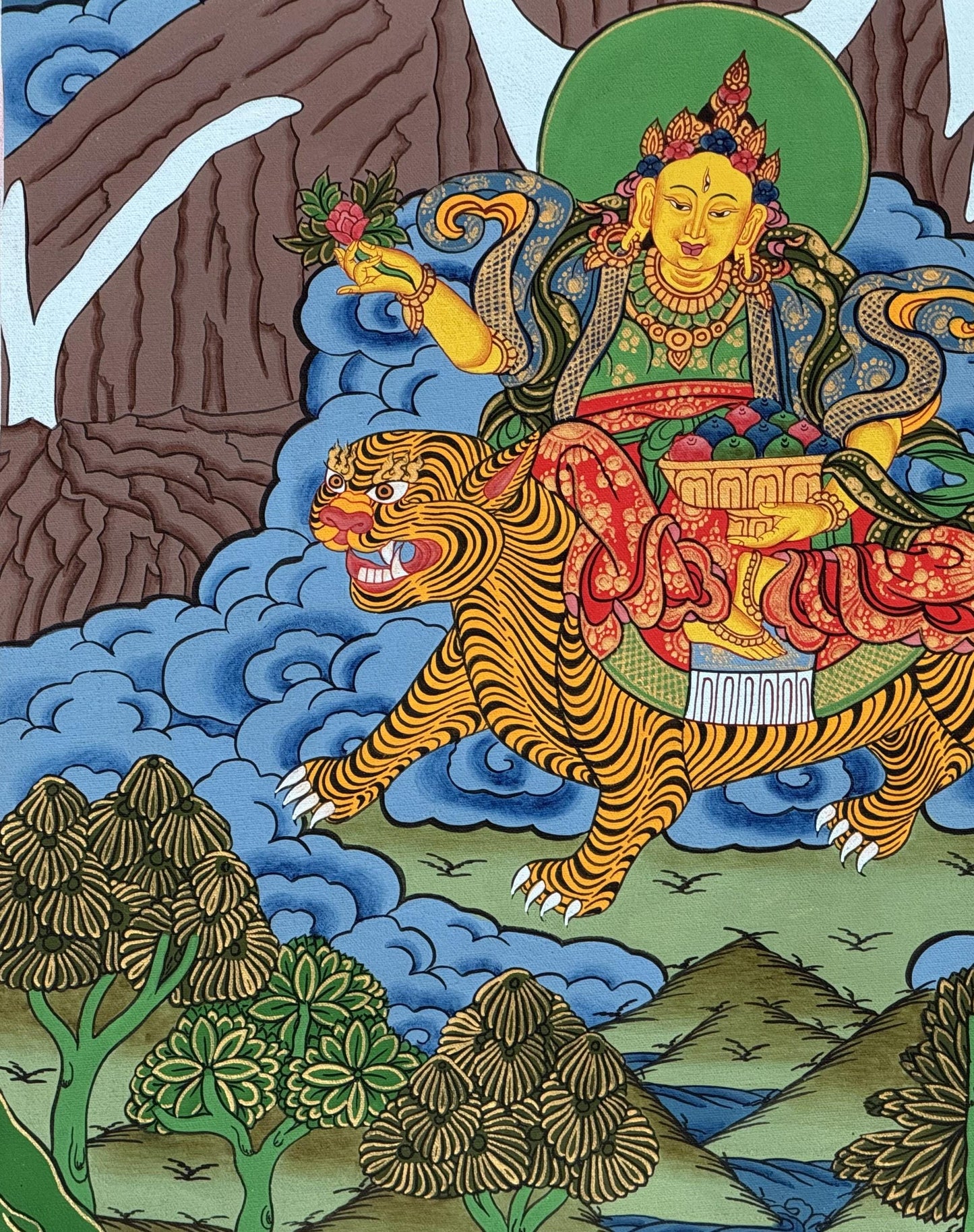 Original Hand-Painted Miyolangsangma Tibetan Thangka With Silk Brocade – Mountain Goddess of Compassion