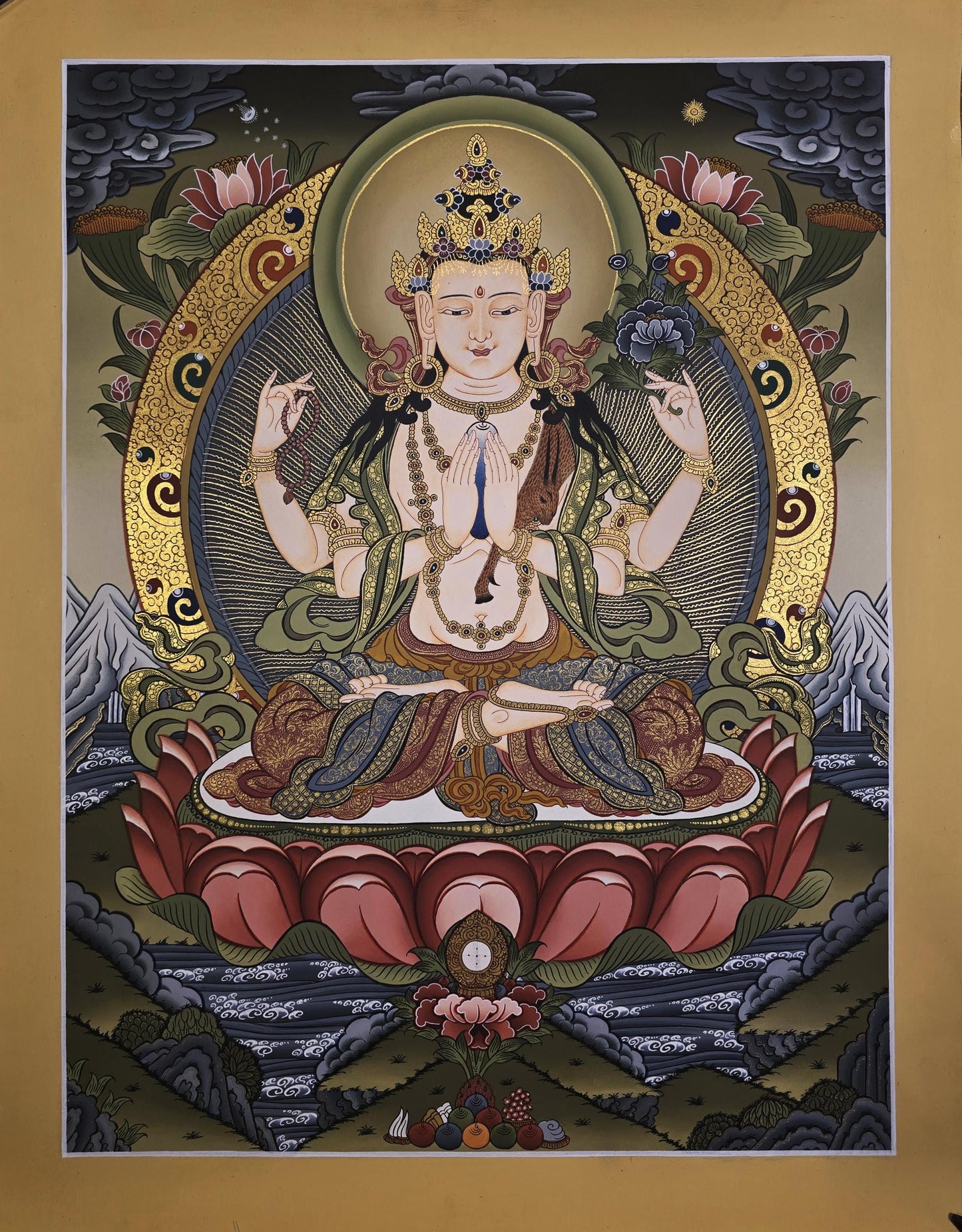 Eight-Armed Chenrezig Avalokiteshvara Thangka Painting – Hand-Painted 24K Gold Tibetan Buddhist Compassion Art