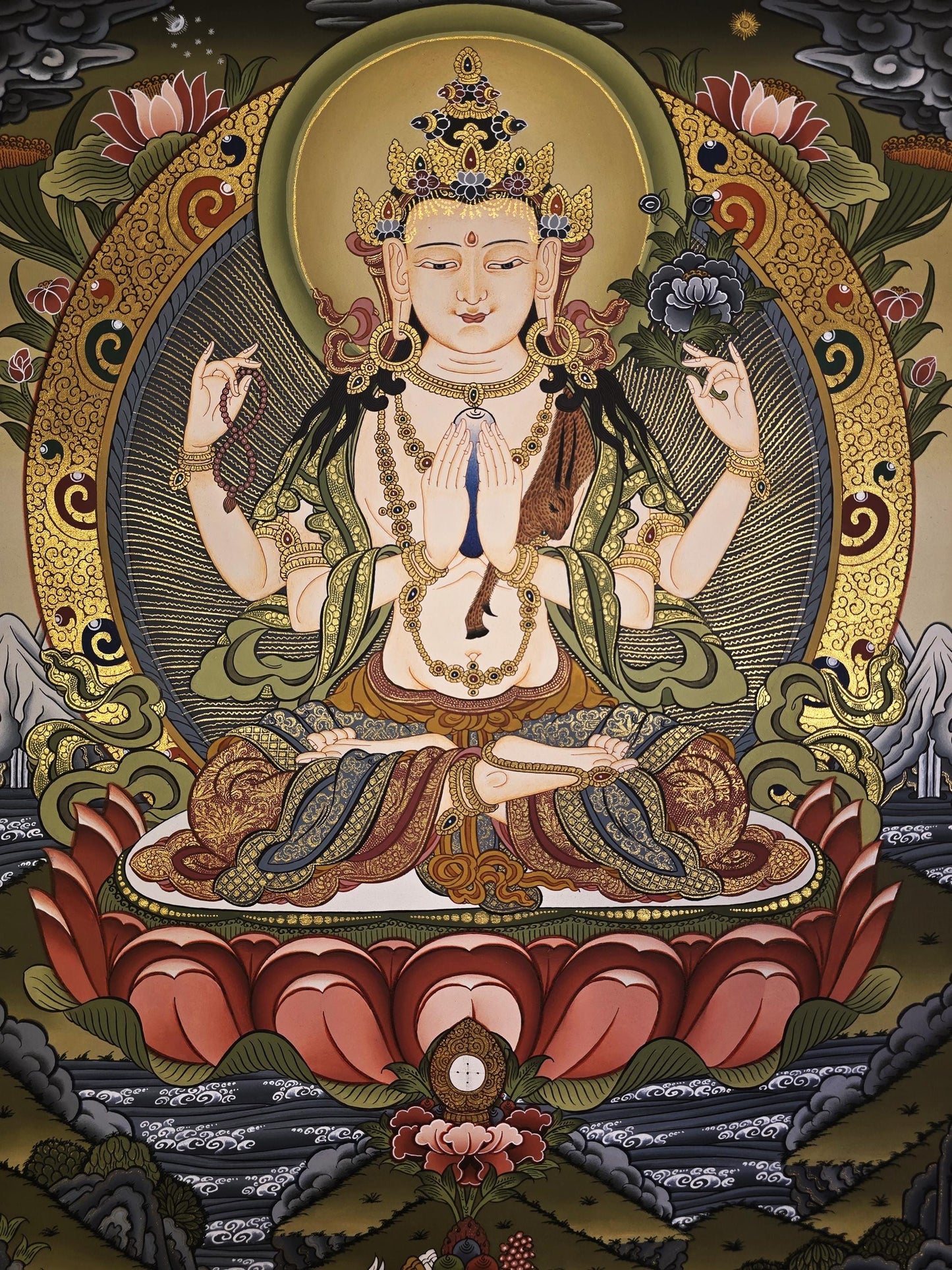 Eight-Armed Chenrezig Avalokiteshvara Thangka Painting – Hand-Painted 24K Gold Tibetan Buddhist Compassion Art
