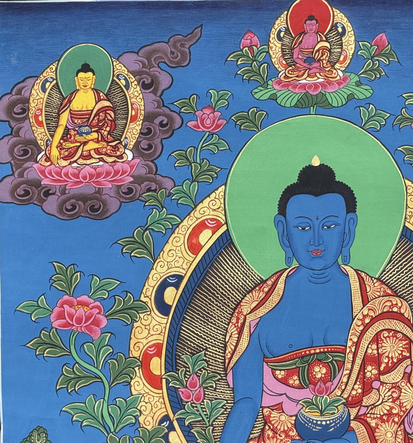Medicine Buddha Healing Thangka | Hand Painted Tibetan Buddhist Art for Meditation & Peace | Silk Brocade