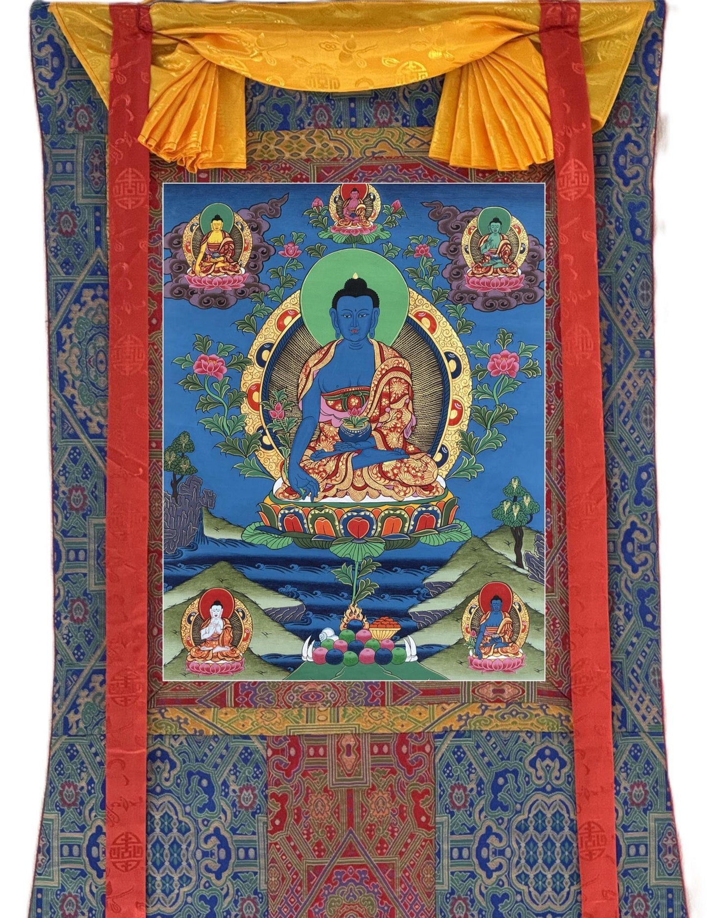 Medicine Buddha Healing Thangka | Hand Painted Tibetan Buddhist Art for Meditation & Peace | Silk Brocade