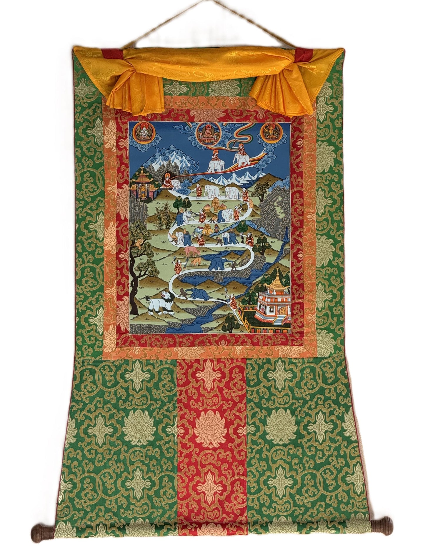 Hand-Painted Tibetan Thangka: Samatha Meditation Path with Silk Brocade