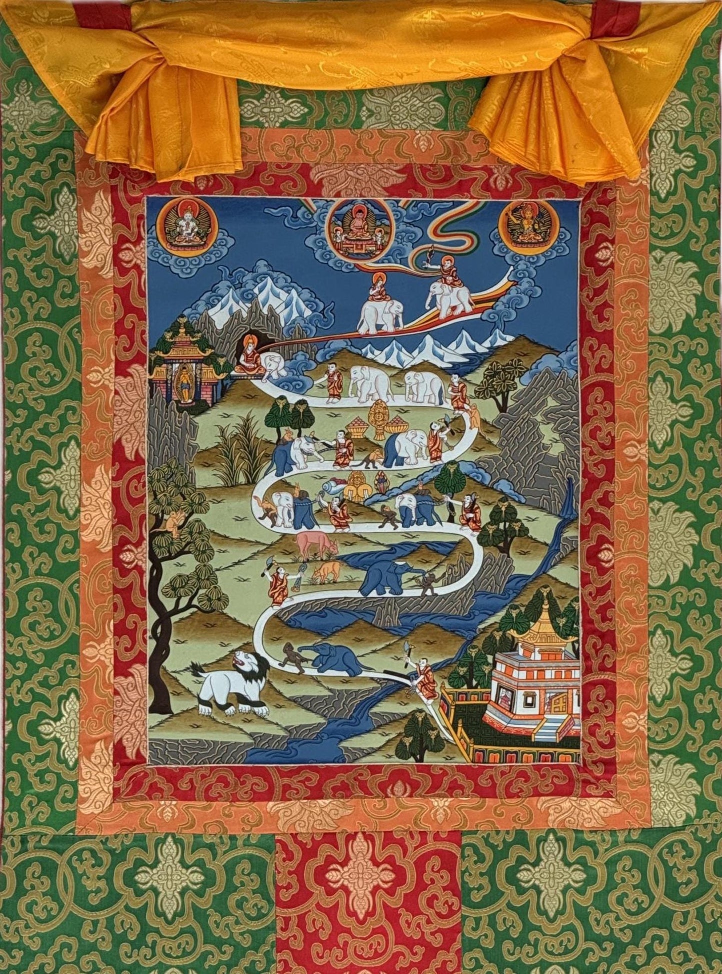 Hand-Painted Tibetan Thangka: Samatha Meditation Path with Silk Brocade