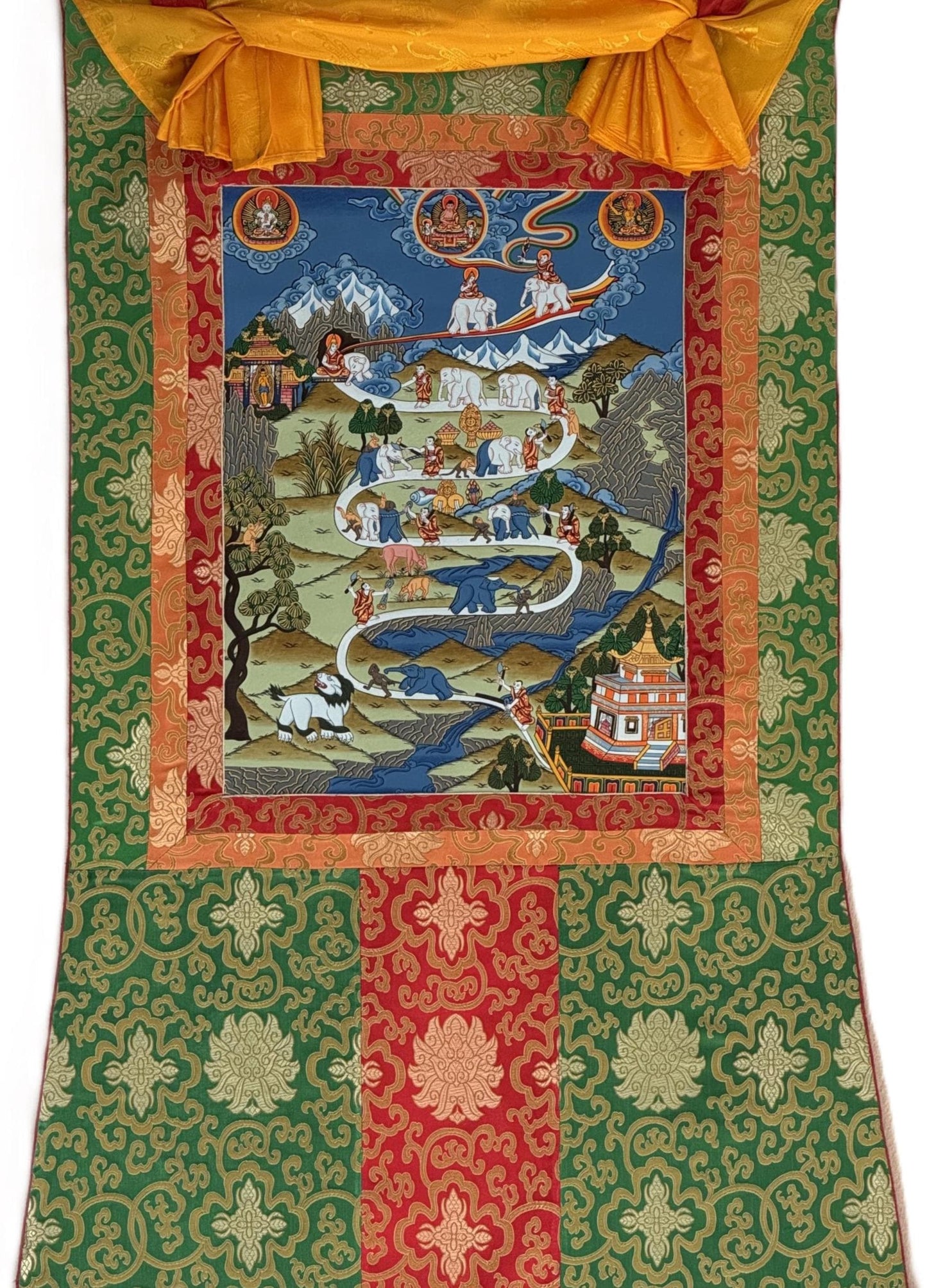 Hand-Painted Tibetan Thangka: Samatha Meditation Path with Silk Brocade