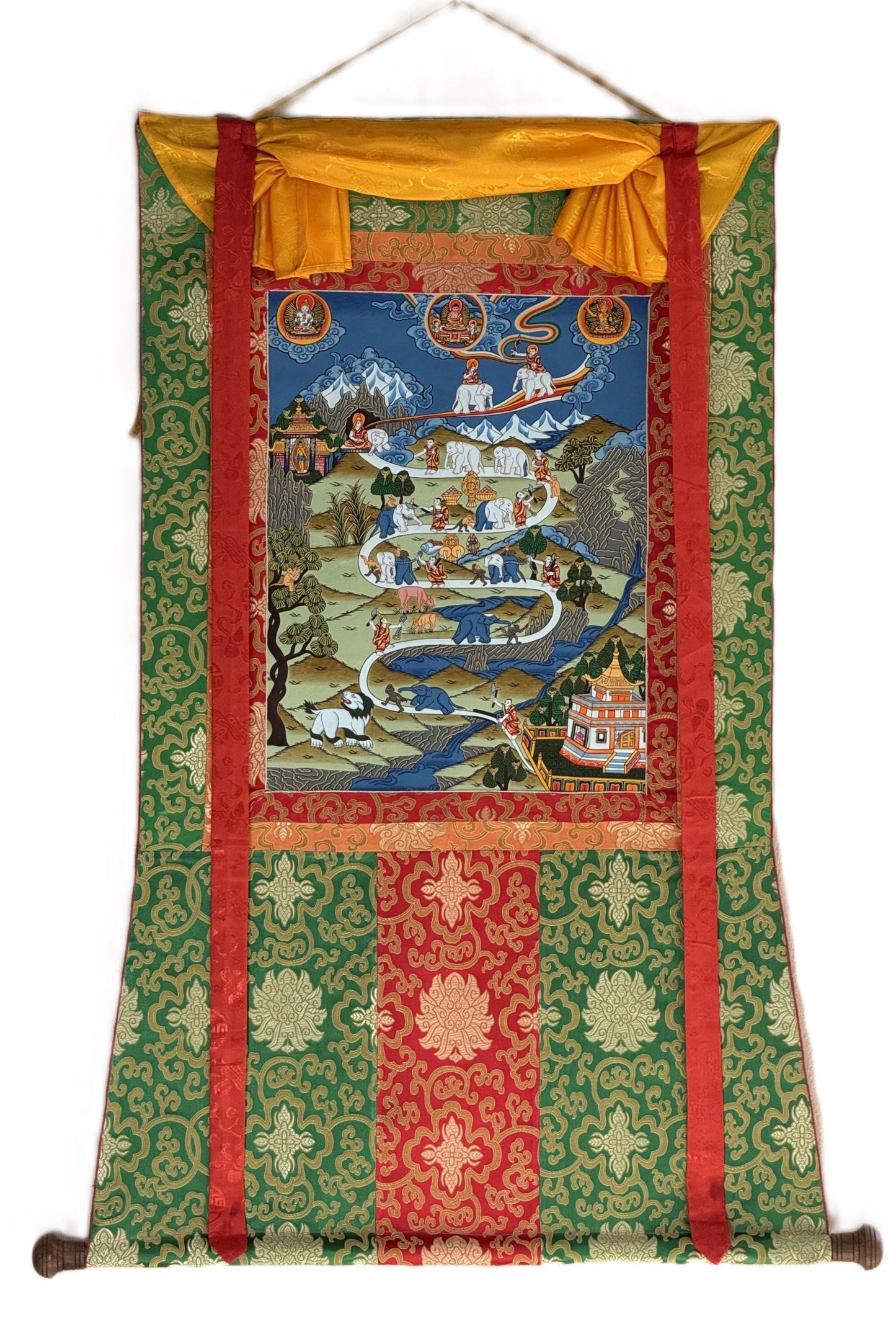 Hand-Painted Tibetan Thangka: Samatha Meditation Path with Silk Brocade