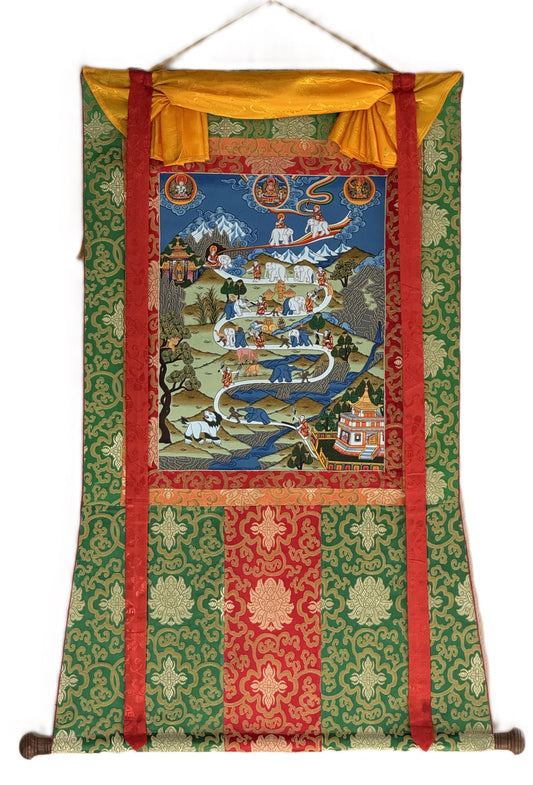 Hand-Painted Tibetan Thangka: Samatha Meditation Path with Silk Brocade