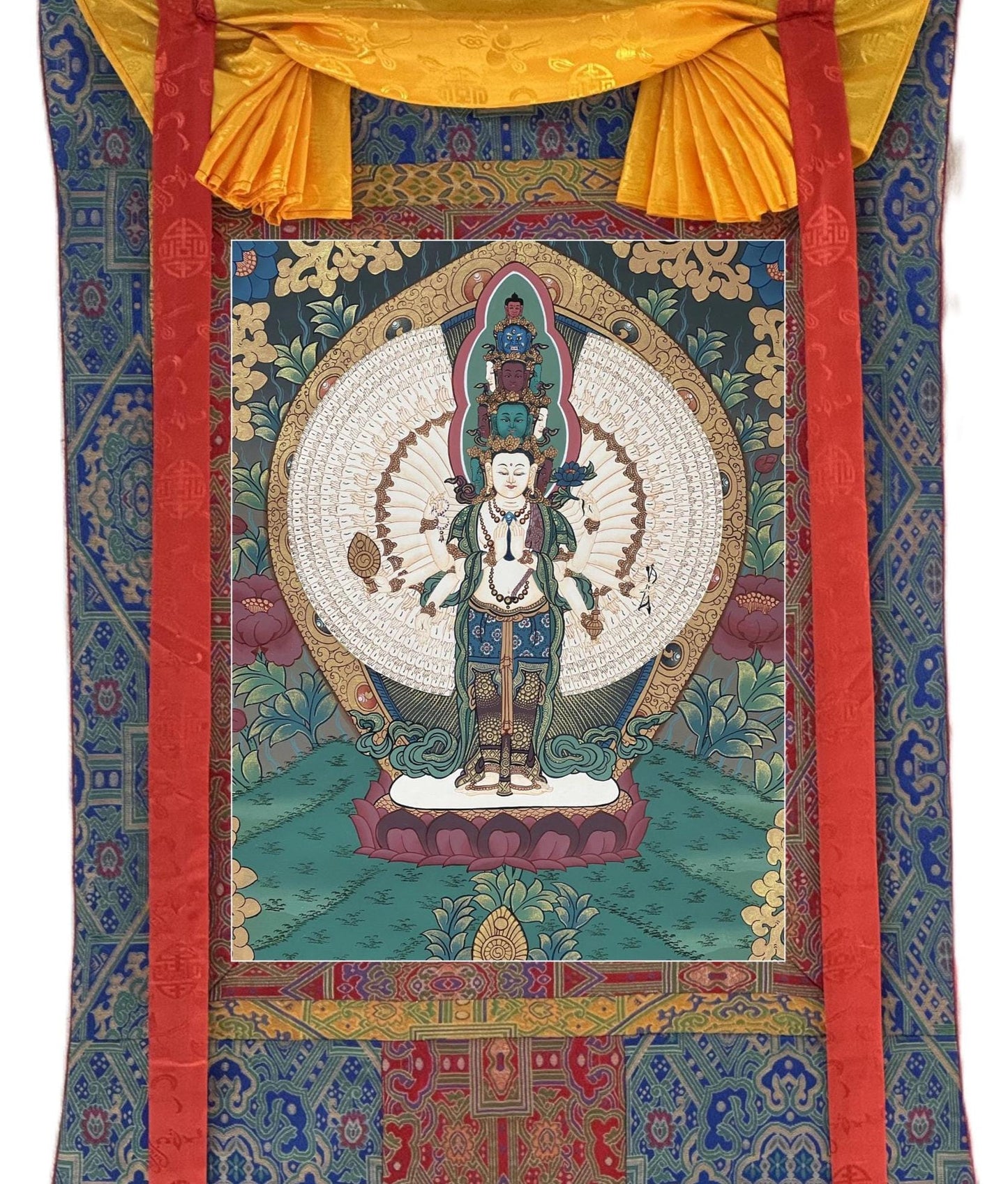 Hand-Painted 1000-Armed Chenrezig Thangka with Silk Brocade - Tibetan Avalokiteshvara Compassion Deity Art