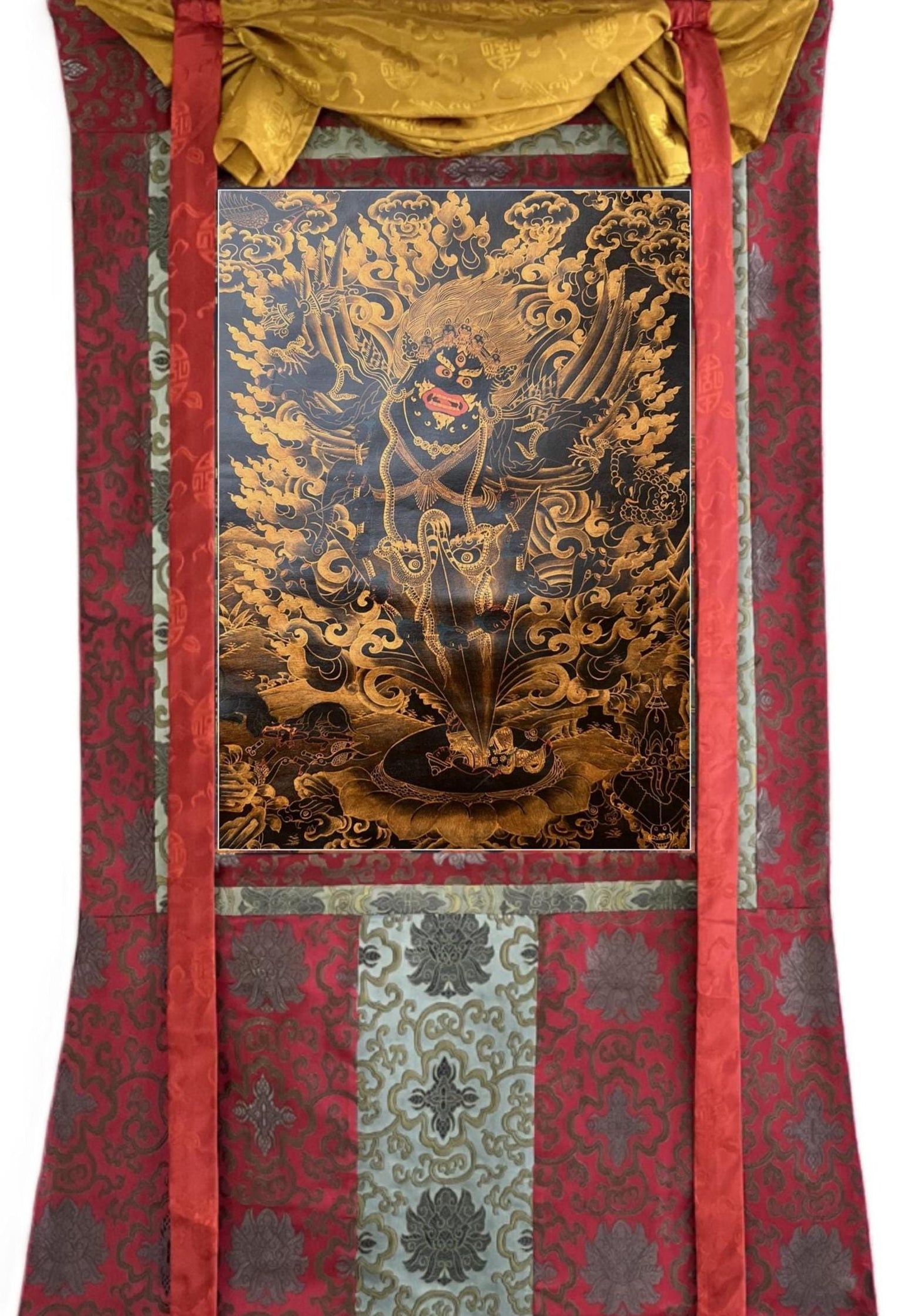 Guru Dragpo Thangka | Hand-Painted Wrathful Padmasambhava | Oil Varnished Painting with Silk Brocade