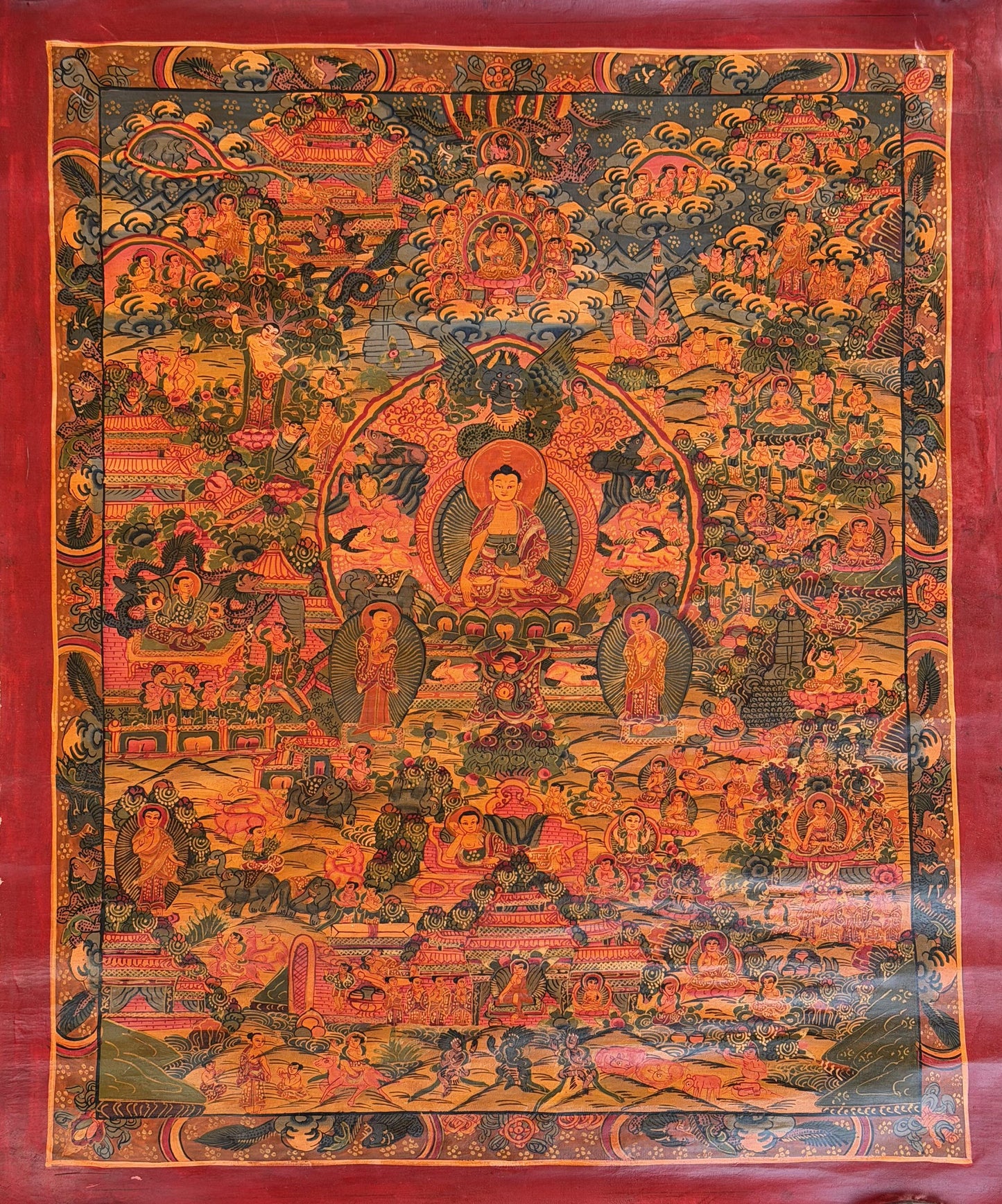 Semi-Old Life of Buddha Thangka Painting | Hand Painted Shakyamuni Buddha Art | Oil Varnished