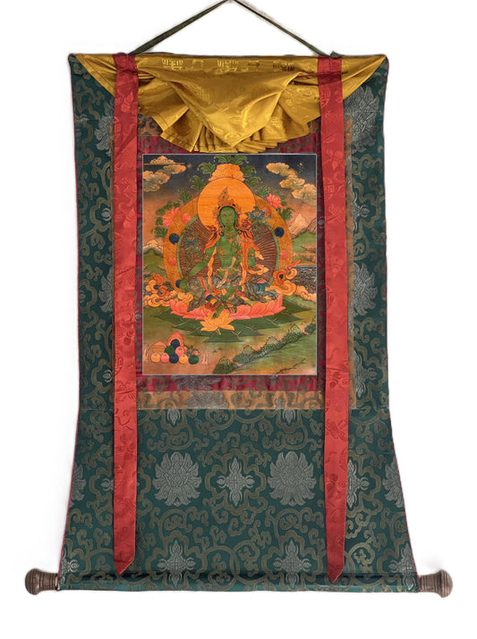 Old Hand-Painted Green Tara Tibetan Thangka | Prosperity & Protection Art with Silk Brocade