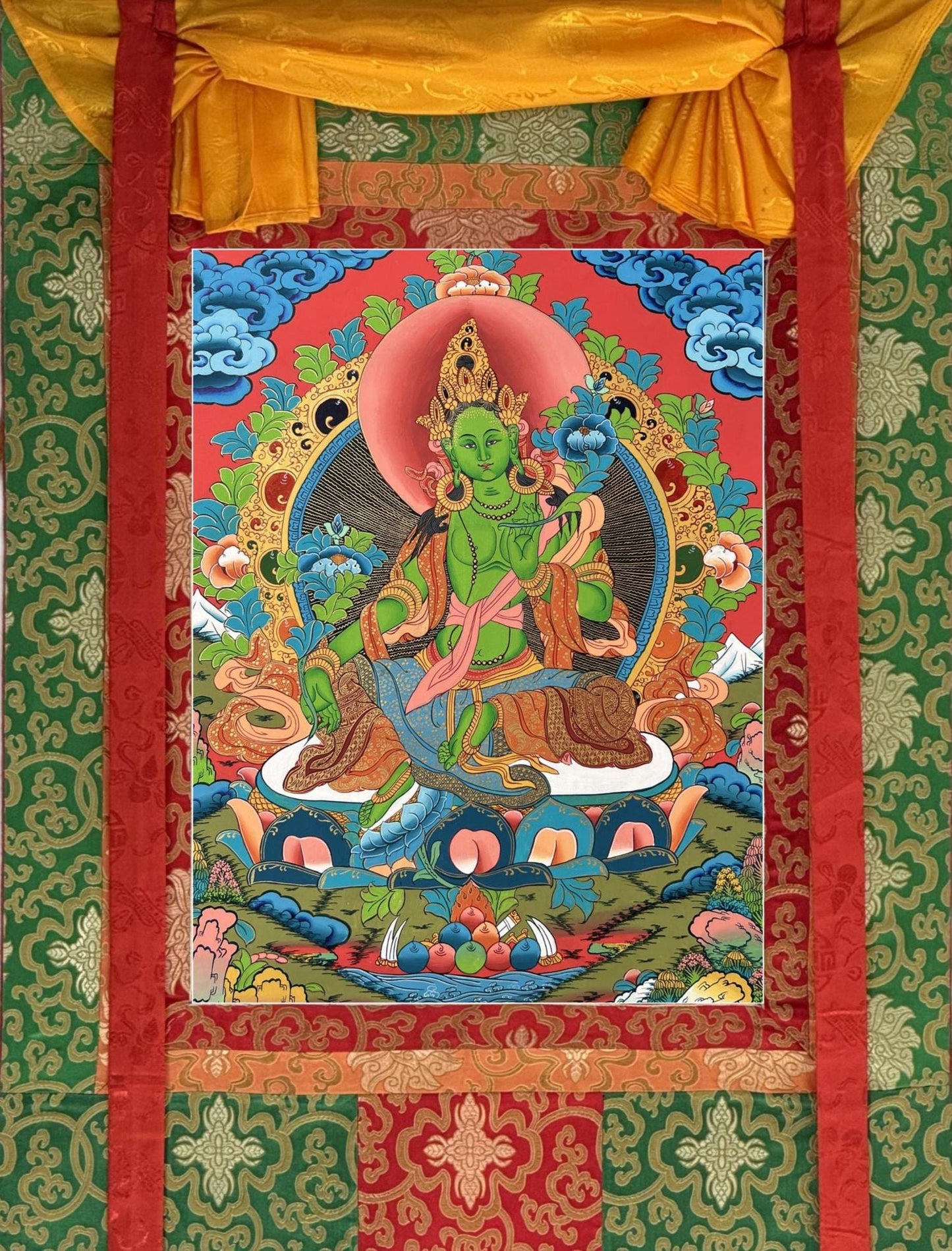 Hand-Painted Green Tara Thangka - Tibetan Goddess of Compassion and Protection with Silk Brocade