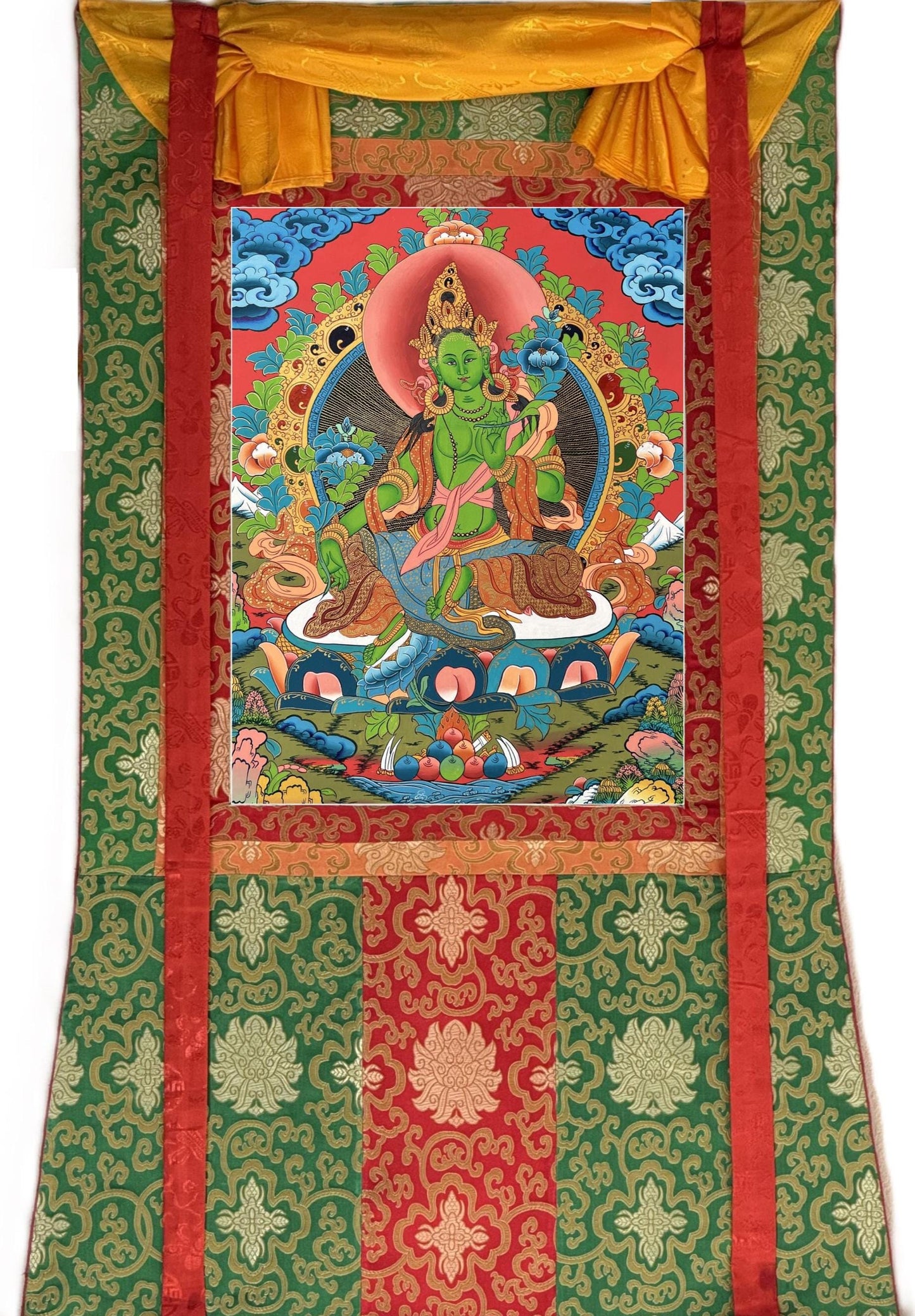 Hand-Painted Green Tara Thangka - Tibetan Goddess of Compassion and Protection with Silk Brocade