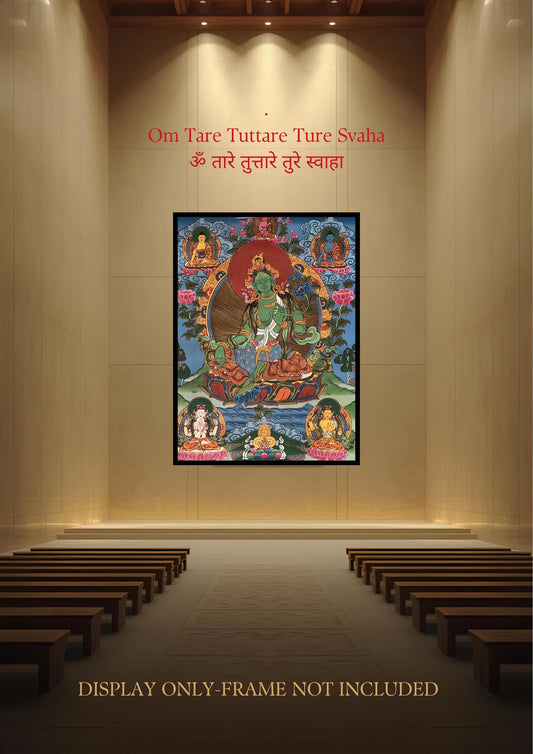 Hand-Painted Green Tara Thangka – Tibetan Goddess Art on Cotton Canvas