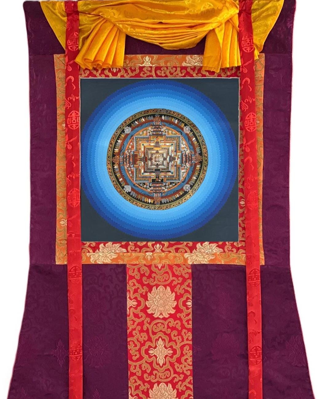 Hand-Painted Kalachakra Mandala Thangka with Silk Brocade | Tibetan Buddhist Rainbow Lotus Meditation Art