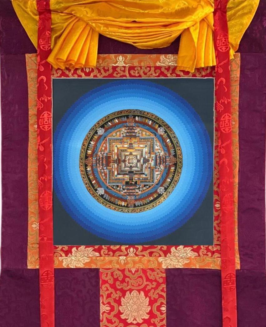 Hand-Painted Kalachakra Mandala Thangka with Silk Brocade | Tibetan Buddhist Rainbow Lotus Meditation Art