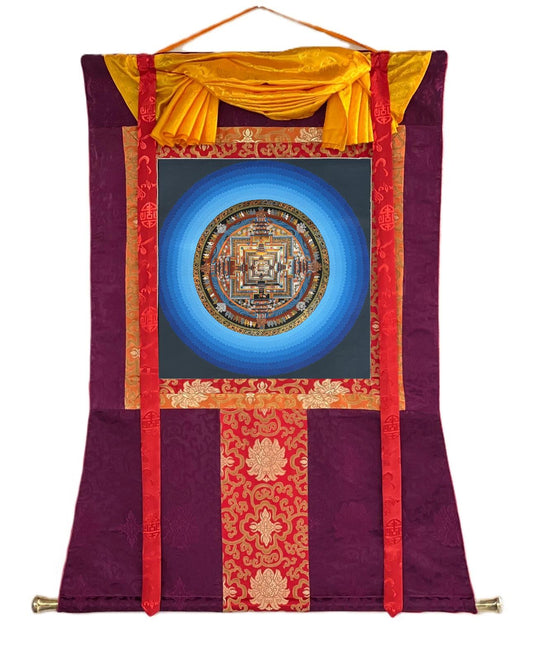Hand-Painted Kalachakra Mandala Thangka with Silk Brocade | Tibetan Buddhist Rainbow Lotus Meditation Art