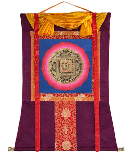 Hand-Painted Om Mandala Thangka on Cotton Canvas | Meditation Wall Art with Silk Brocade