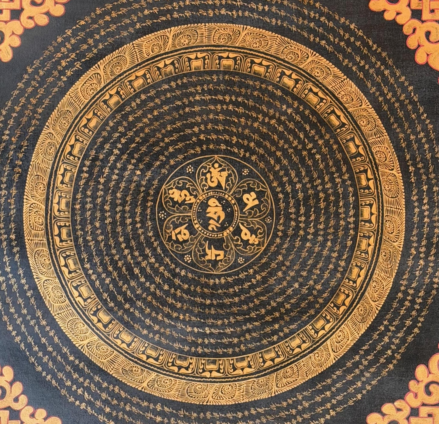 Tibetan Om Mantra Mandala Thangka | Oil Varnished  Meditation Wall Hanging, Silk Brocade