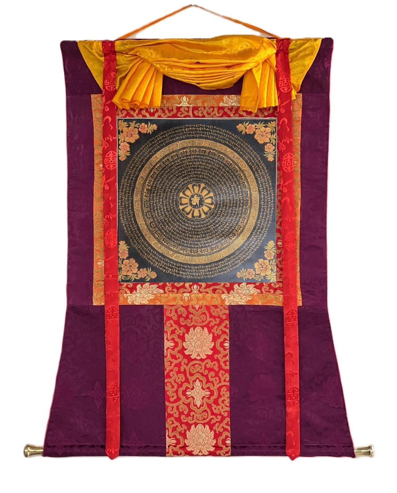 Tibetan Om Mantra Thangka | Hand-Painted Mandala Wall Art | Oil Varnished Meditation Hanging | Silk Brocade
