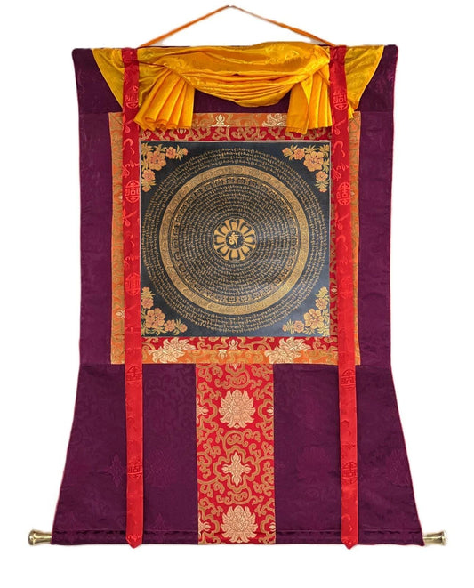 Tibetan Om Mantra Thangka | Hand-Painted Mandala Wall Art | Oil Varnished Meditation Hanging | Silk Brocade