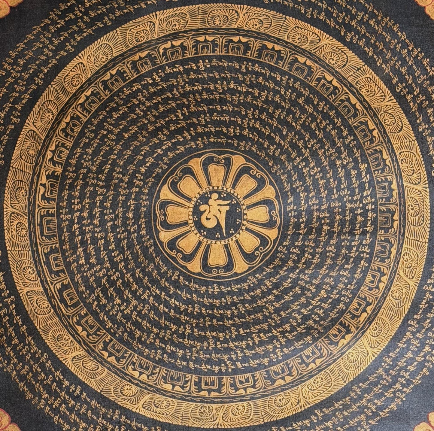 Tibetan Om Mantra Thangka | Hand-Painted Mandala Wall Art | Oil Varnished Meditation Hanging | Silk Brocade