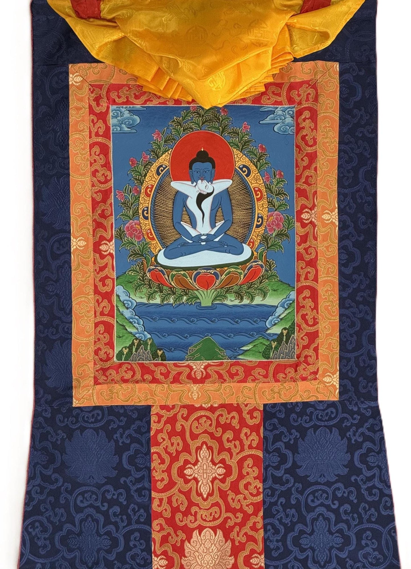 Hand-Painted Samantabhadra Thangka with Silk Brocade - Tibetan Primordial Buddha Meditation Art