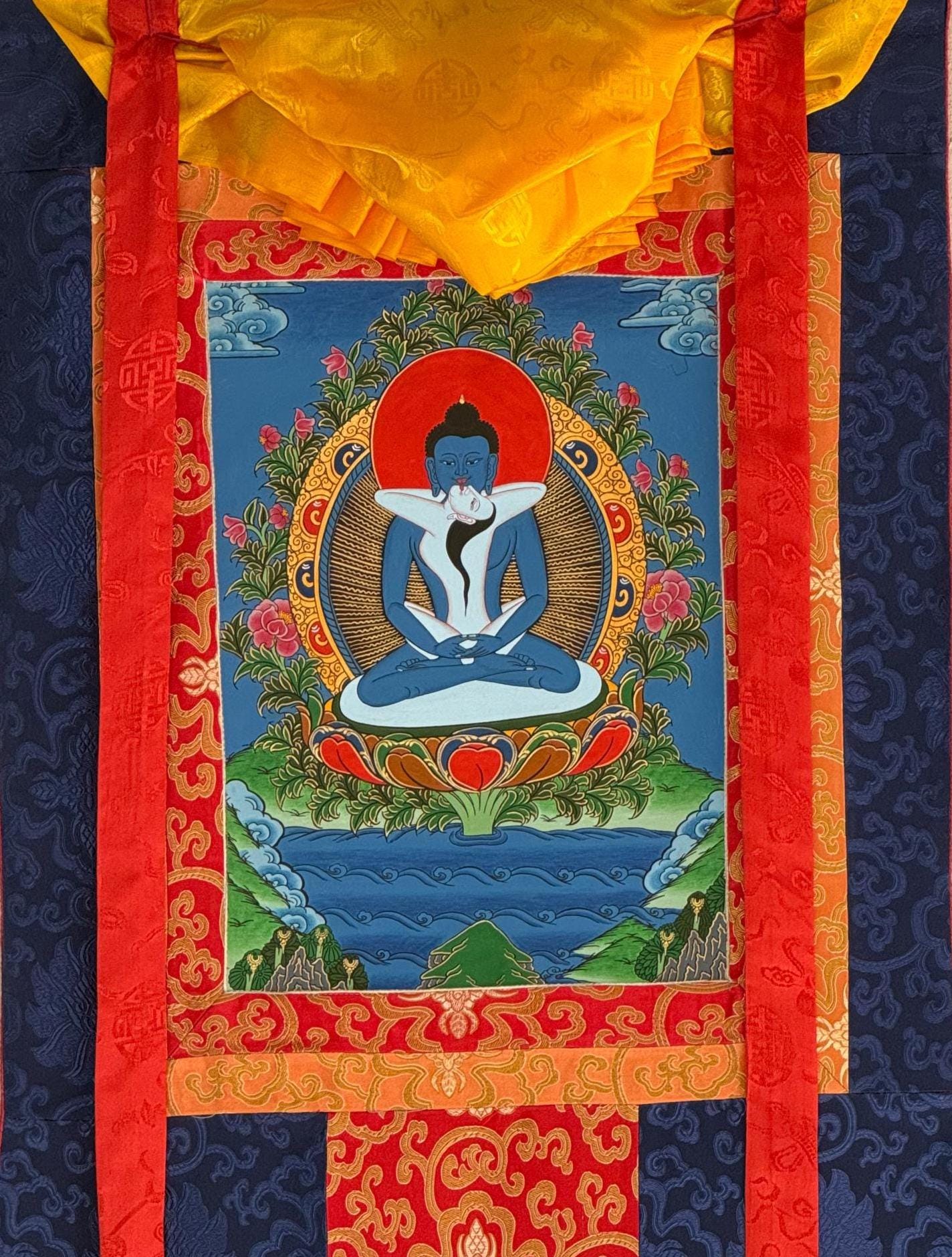 Hand-Painted Samantabhadra Thangka with Silk Brocade - Tibetan Primordial Buddha Meditation Art