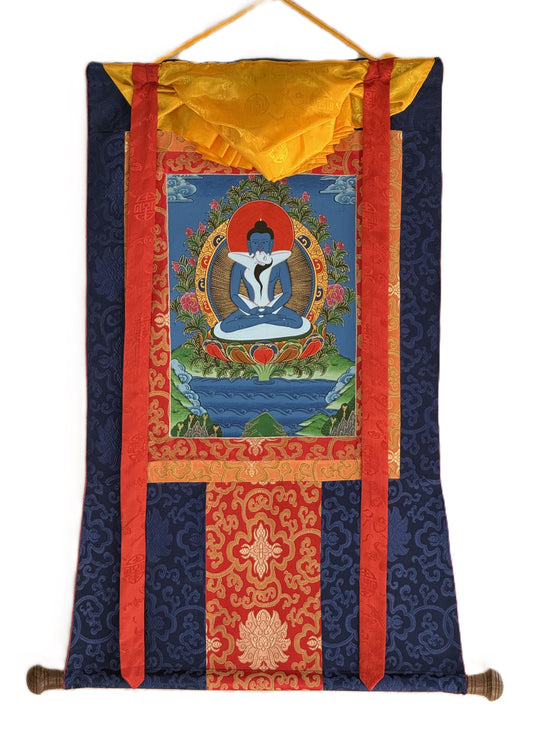 Hand-Painted Samantabhadra Thangka with Silk Brocade - Tibetan Primordial Buddha Meditation Art
