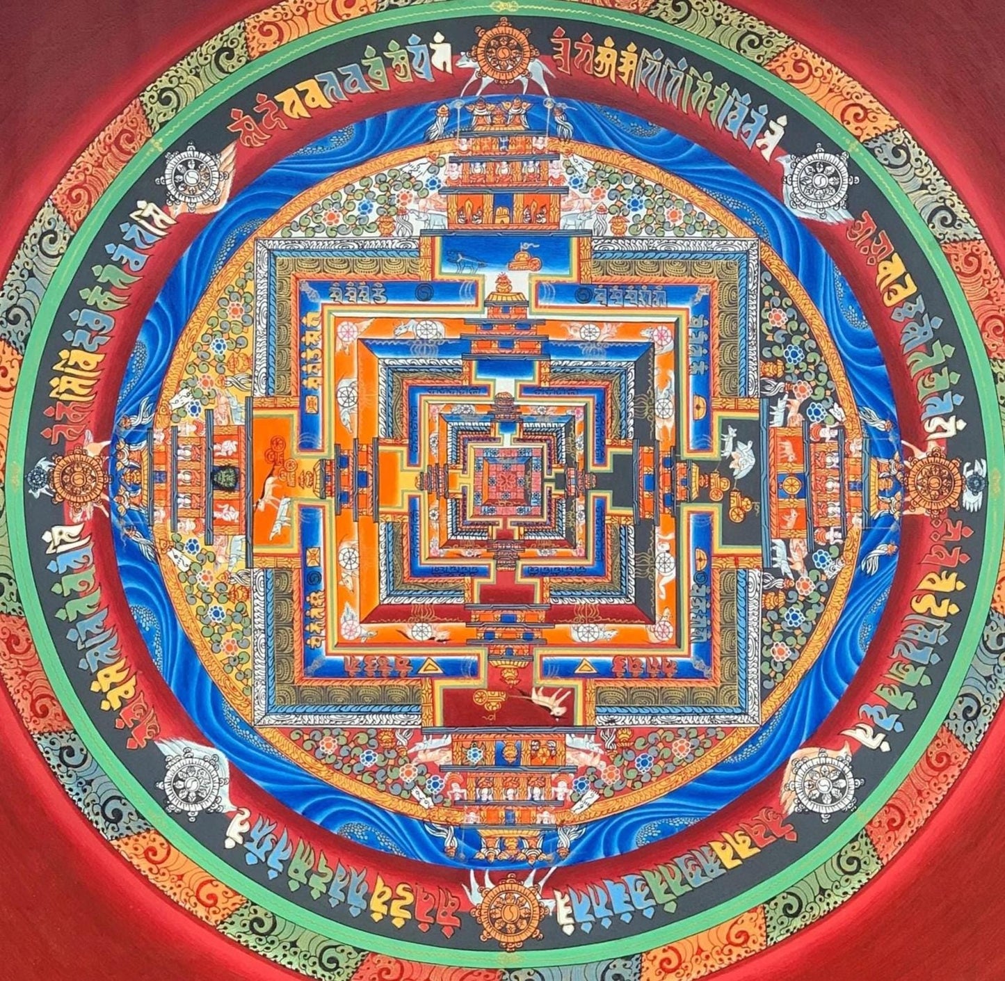 Hand-Painted Kalachakra Mandala Thangka – Tibetan Wheel of Life Art 24 x 24 inches