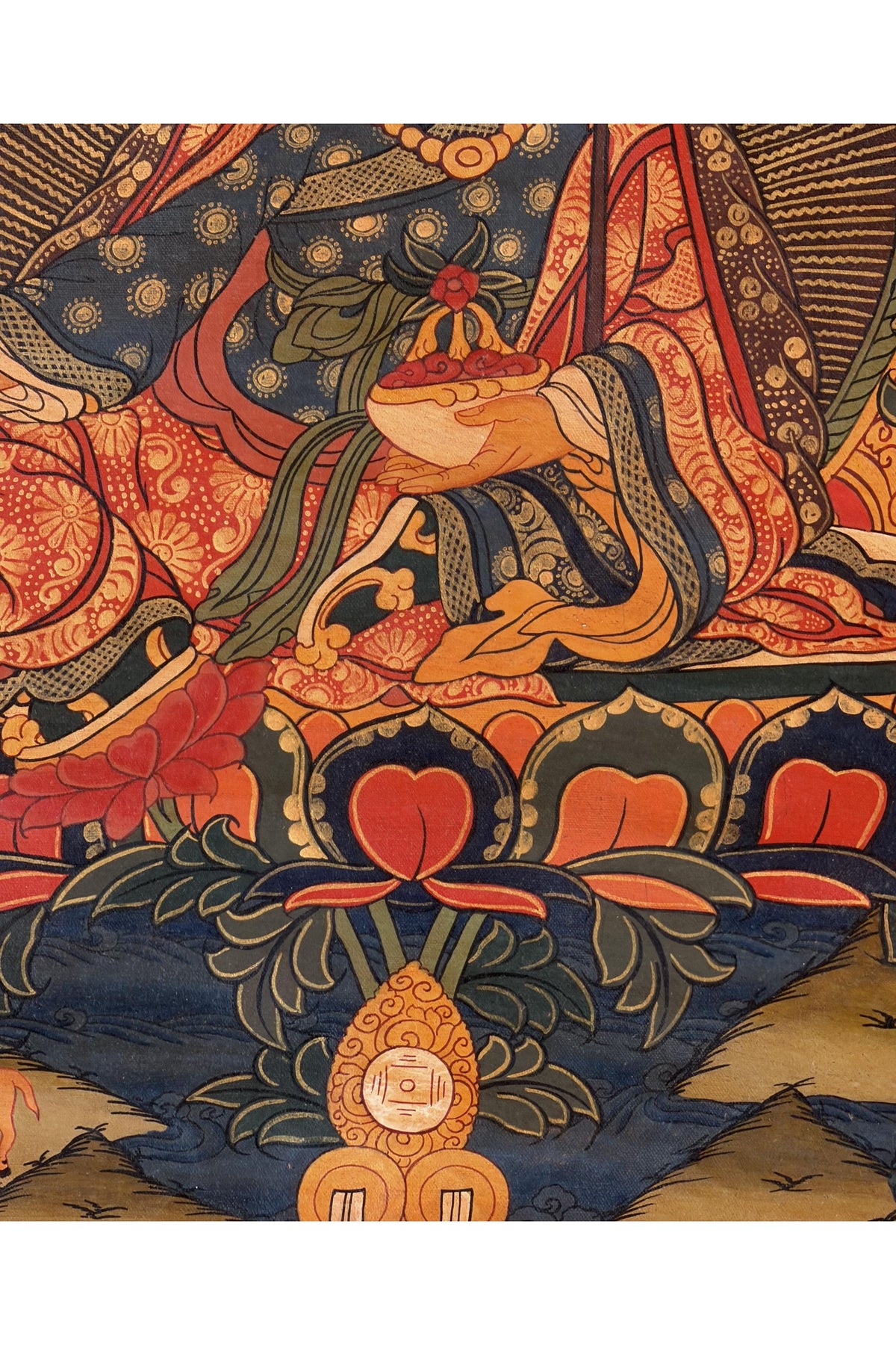 Oil-Varnished Guru Rinpoche Thangka, Padmasambhava Tibetan Buddhist Art with Silk Brocade, Hand-Painted in Nepal