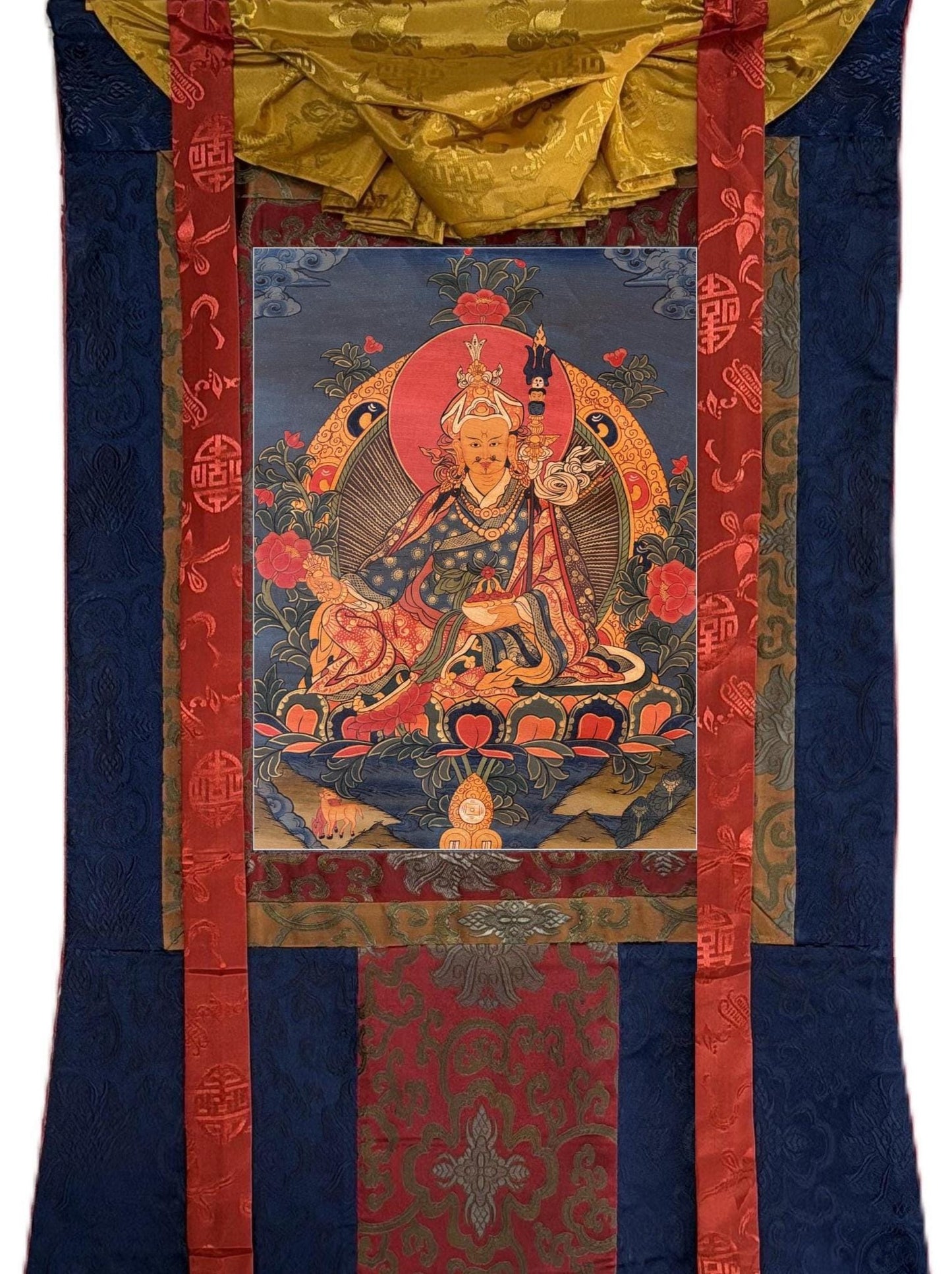 Guru Rinpoche Padmasambhava Thangka Oil Varnished Tibetan Buddhist Art with Brocade
