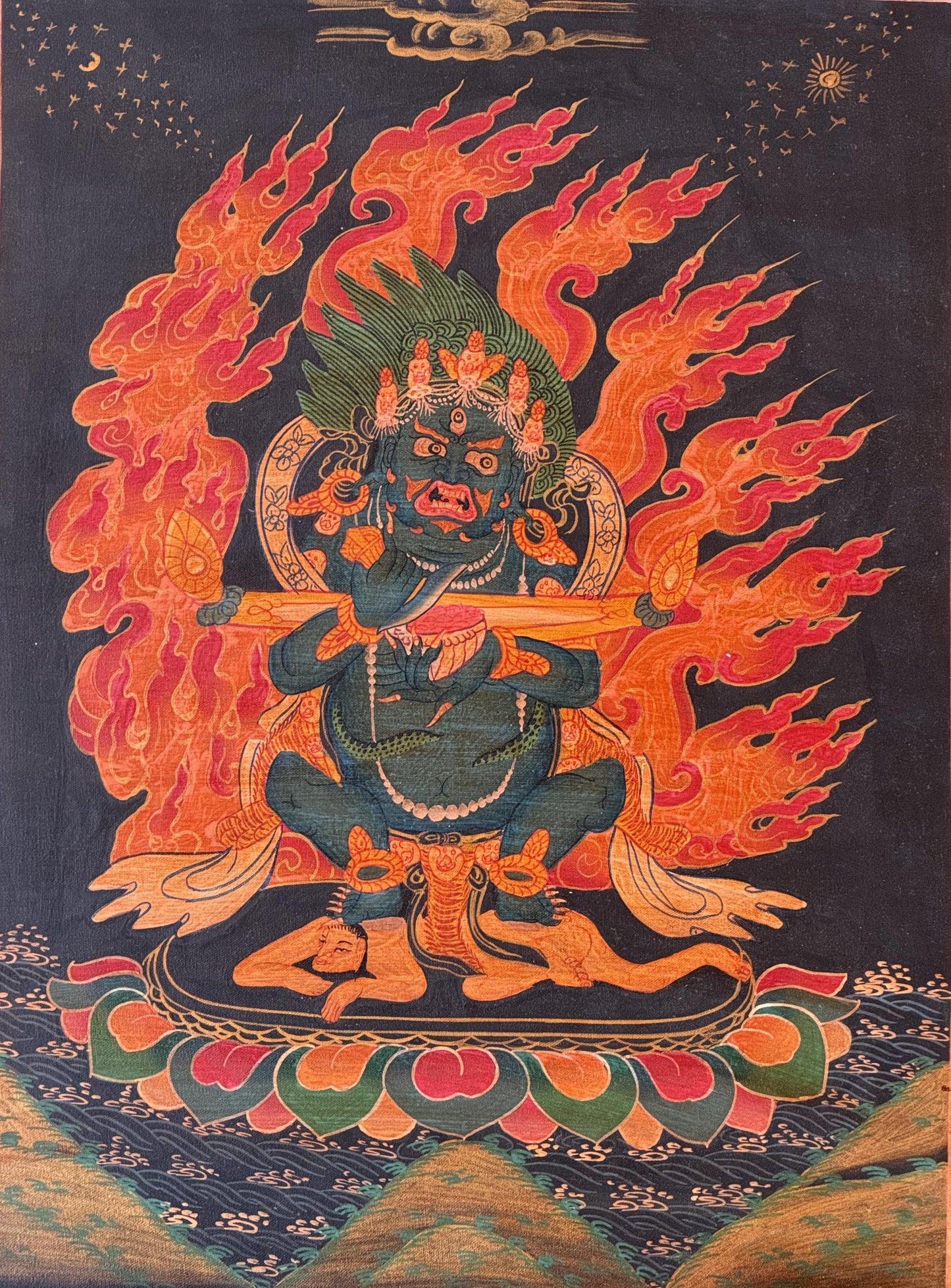 Two Armed Mahakala Thangka Hand Painted Tibetan Buddhist Art- Oil-Varnished