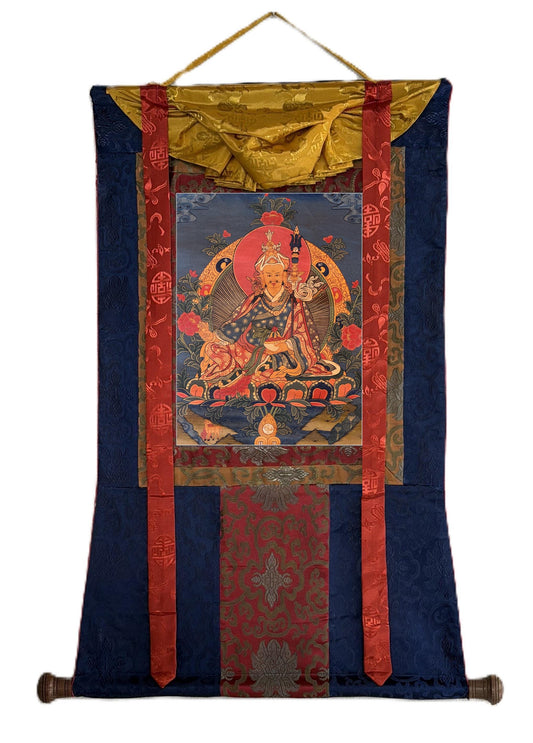 Guru Rinpoche Padmasambhava Thangka Oil Varnished Tibetan Buddhist Art with Brocade