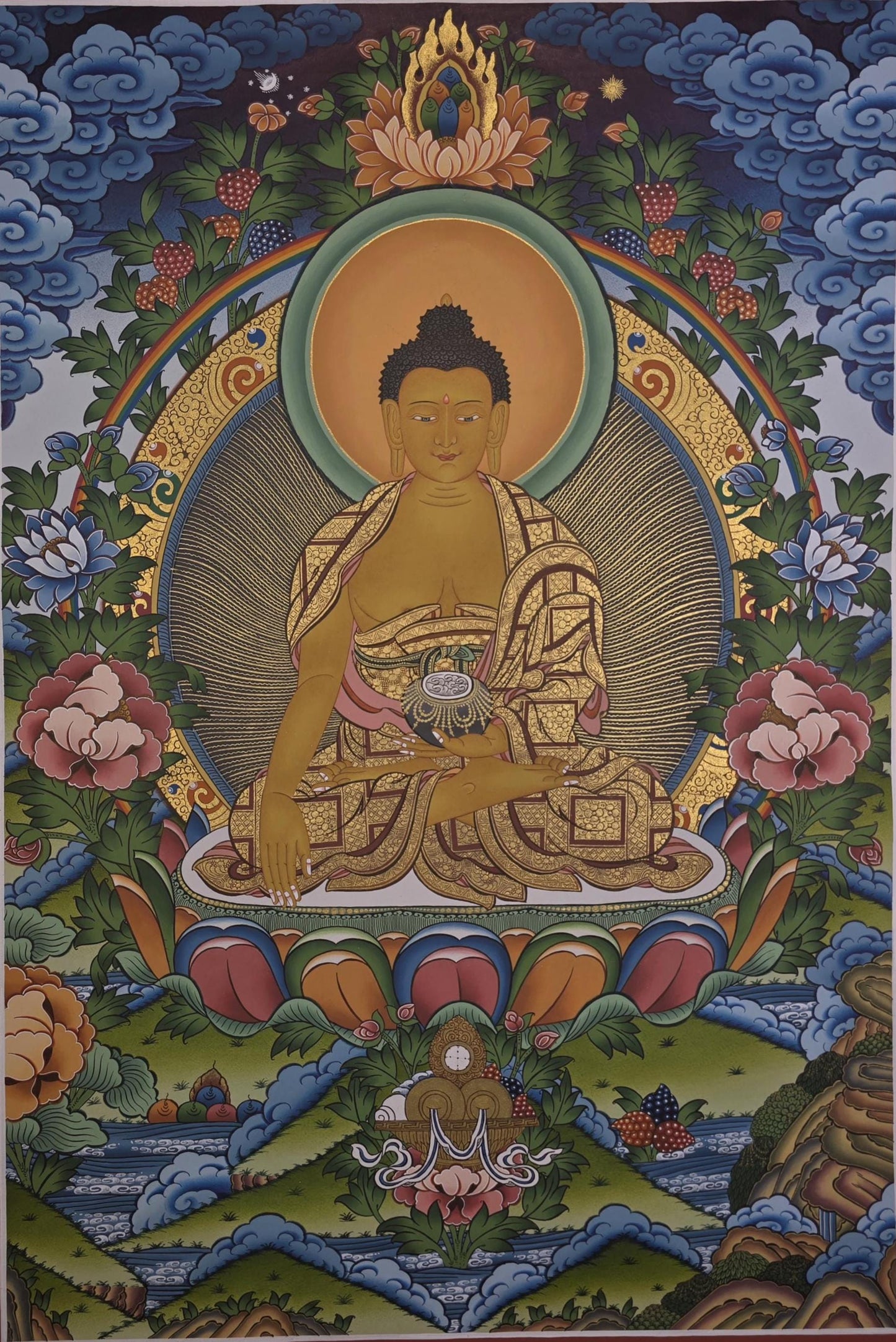 Hand Painted Shakyamuni Buddha Thangka Painting | Gold Tibetan Art