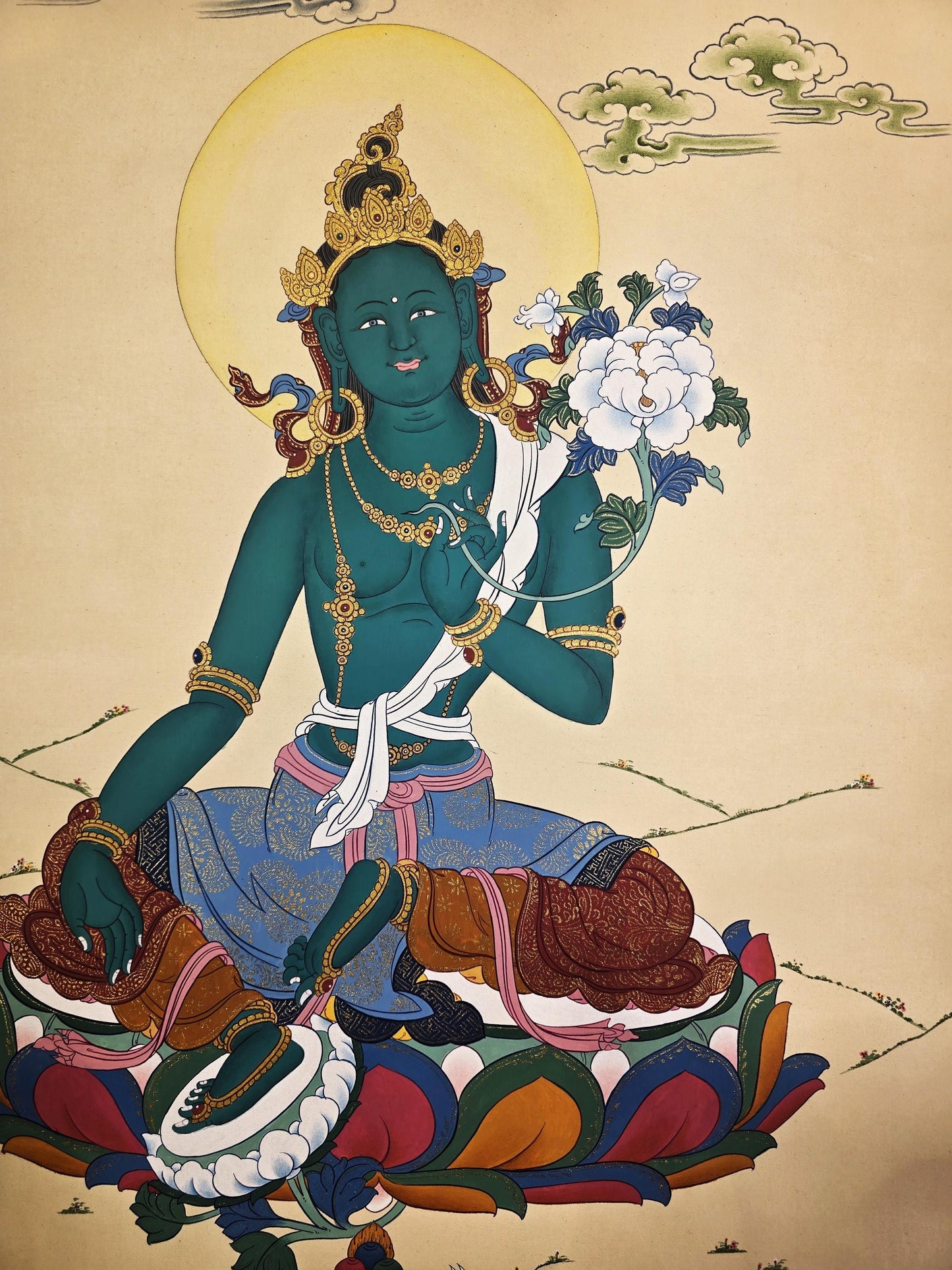 Green Tara Tibetan Thangka Painting in Karma Gadri Style