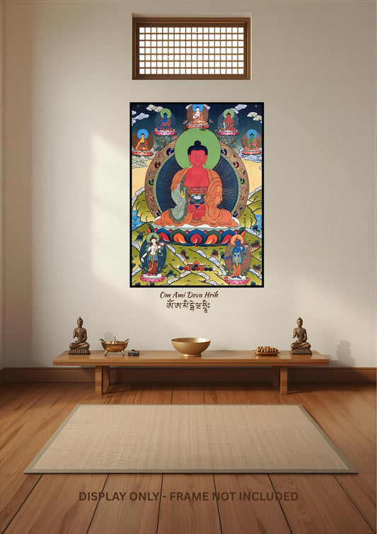 24K Gold Amitabha Buddha Thangka Painting: Five Wisdom Buddhas
