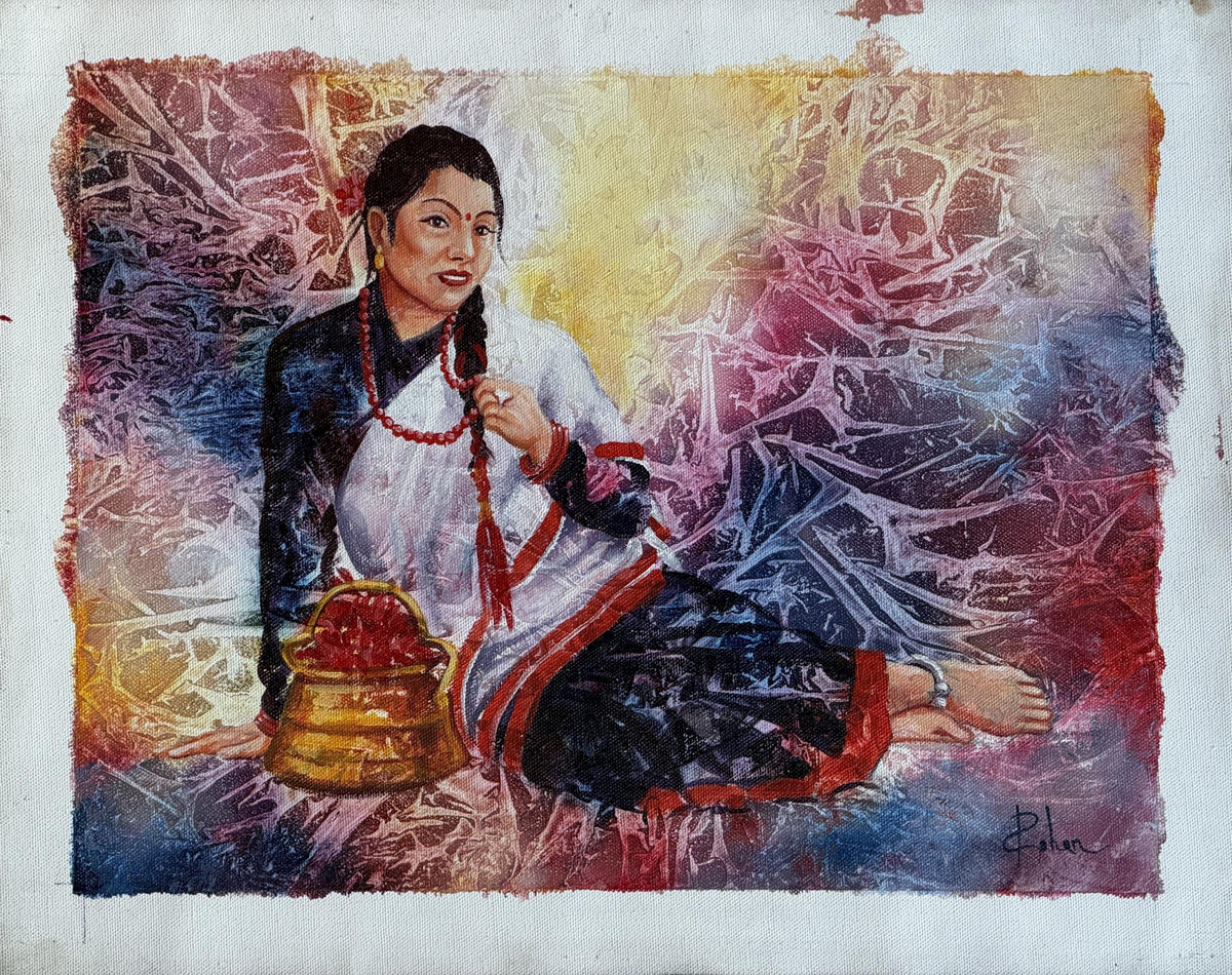 Newari Woman from Kathmandu Valley Acrylic Painting on Canvas| Traditional Nepal Daily Life Art
