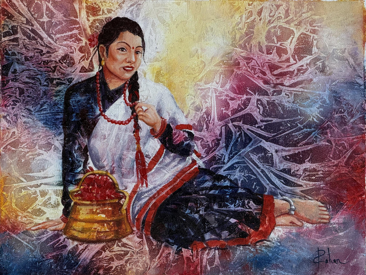 Newari Woman from Kathmandu Valley Acrylic Painting on Canvas| Traditional Nepal Daily Life Art