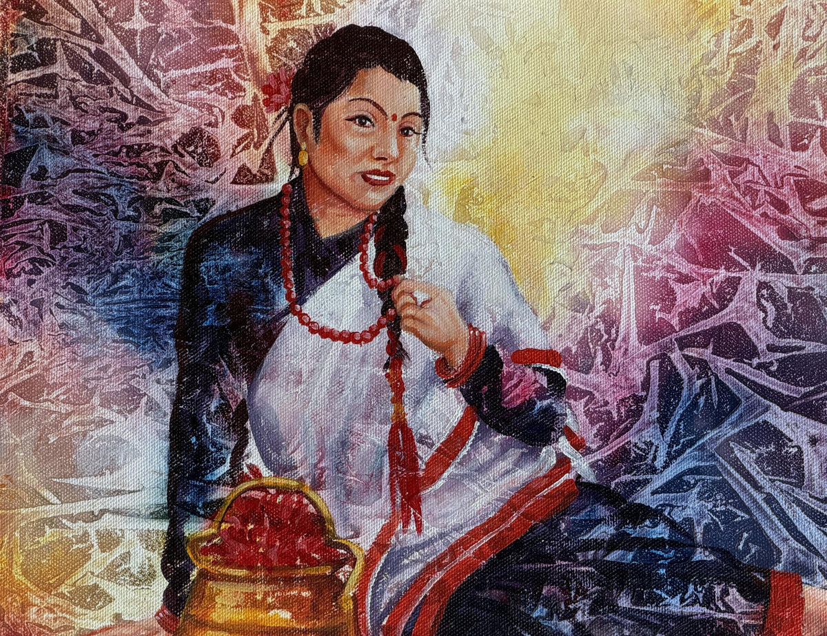 Newari Woman from Kathmandu Valley Acrylic Painting on Canvas| Traditional Nepal Daily Life Art