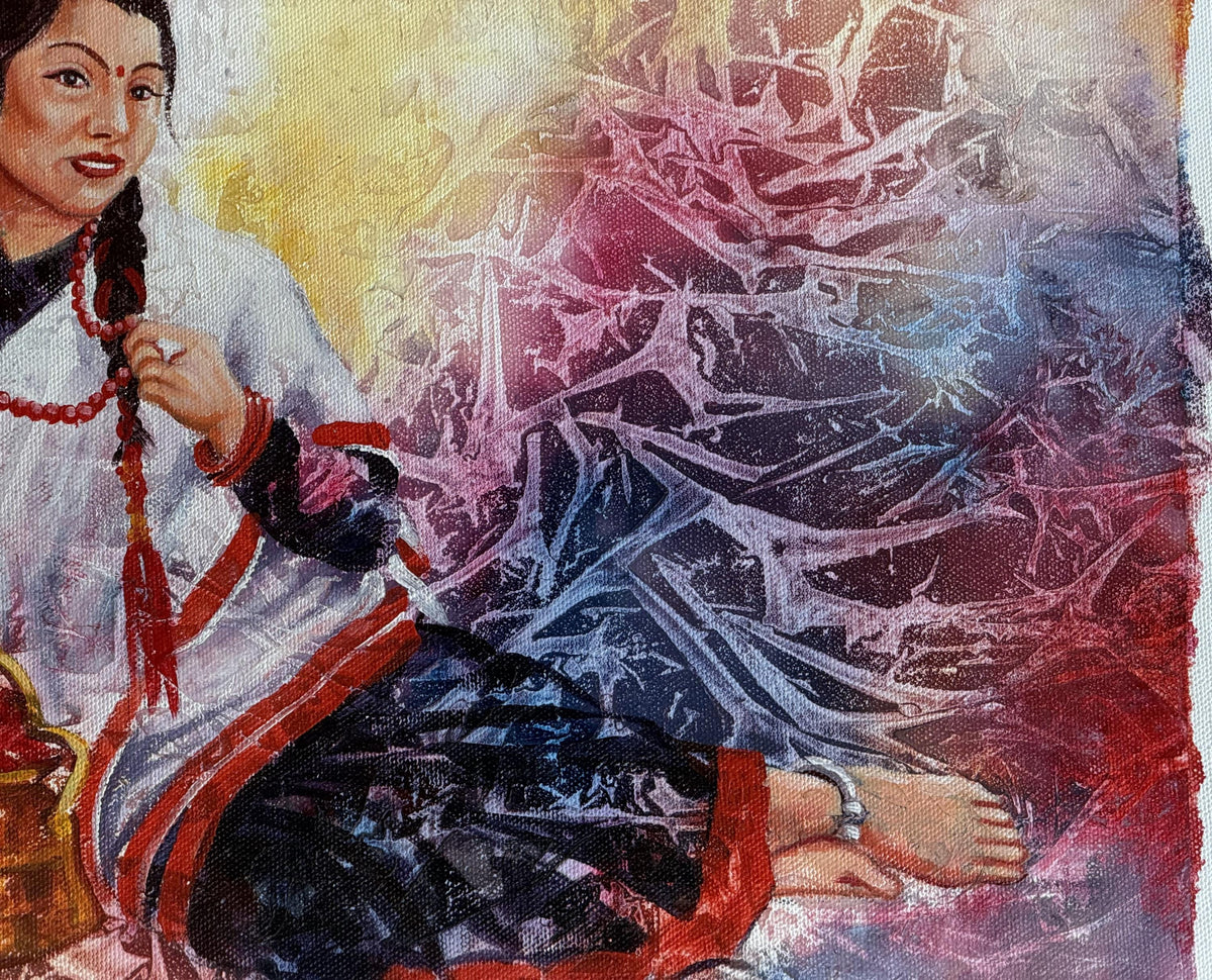 Newari Woman from Kathmandu Valley Acrylic Painting on Canvas| Traditional Nepal Daily Life Art