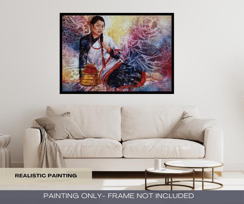 Newari Woman from Kathmandu Valley Acrylic Painting on Canvas| Traditional Nepal Daily Life Art