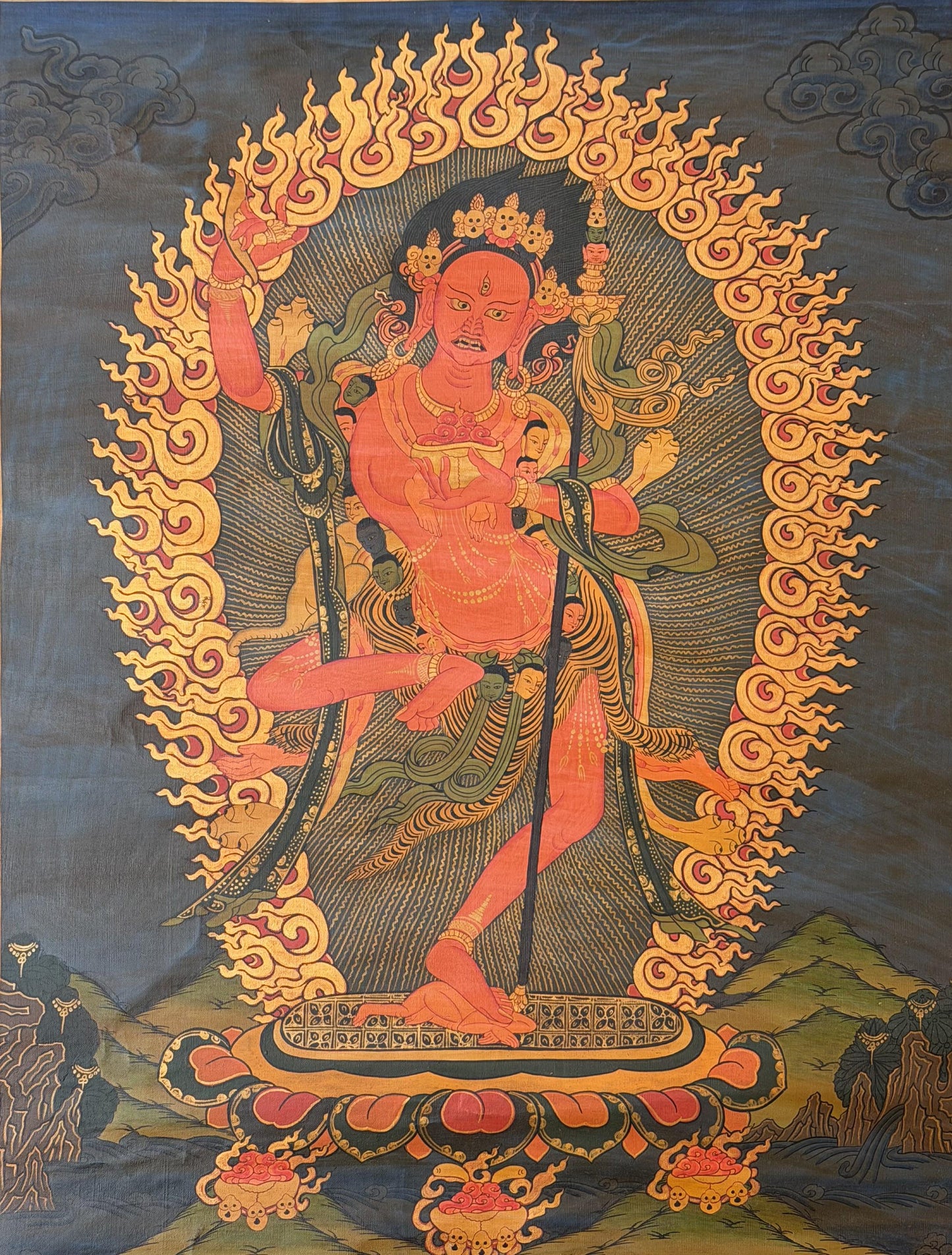 Vajravarahi Dorje Phagmo Thangka Hand Painted Tibetan Buddhist Art Old Oil Varnished , Silk Brocade