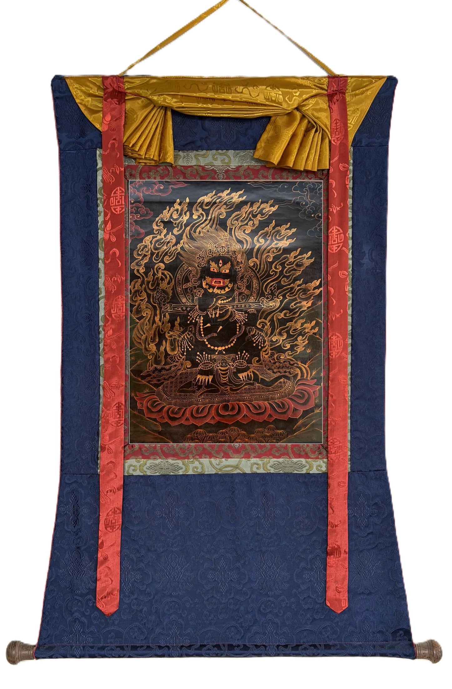 Old Black Mahakala Thangka Hand Painted Tibetan Buddhist Art Framed with Silk Brocade